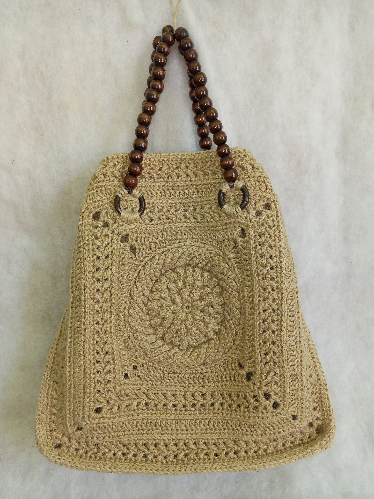 Handmade jute crochet tote bag with wooden handles Eco-friendly beige market basket bag Summer beach bag