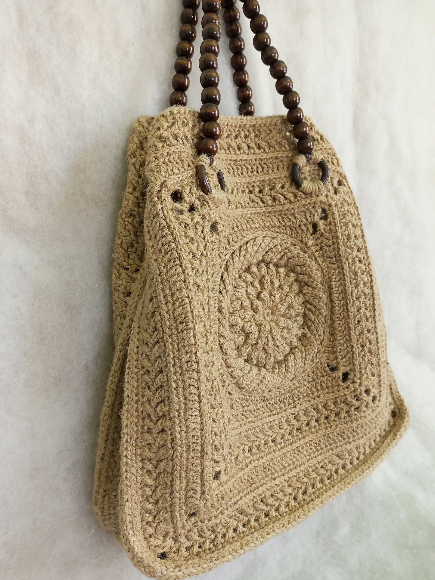 Handmade jute crochet tote bag with wooden handles Eco-friendly beige market basket bag Summer beach bag