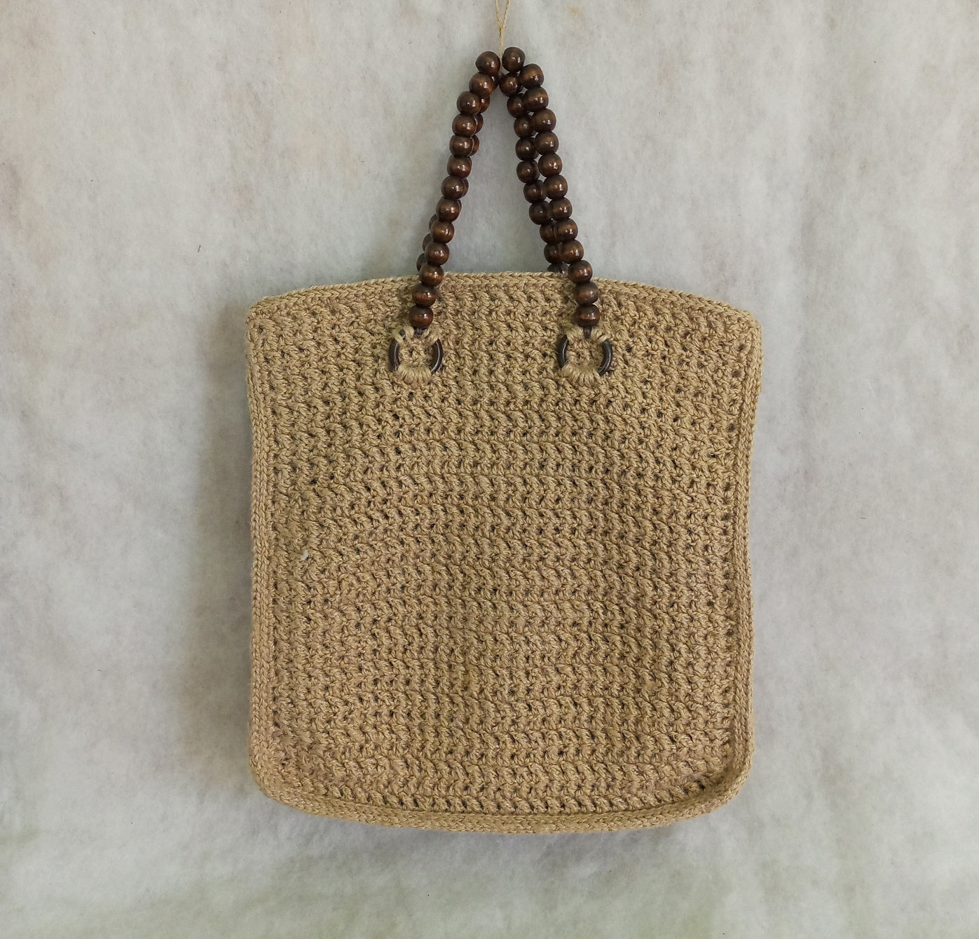 Handmade jute crochet tote bag with wooden handles Eco-friendly beige market basket bag Summer beach bag