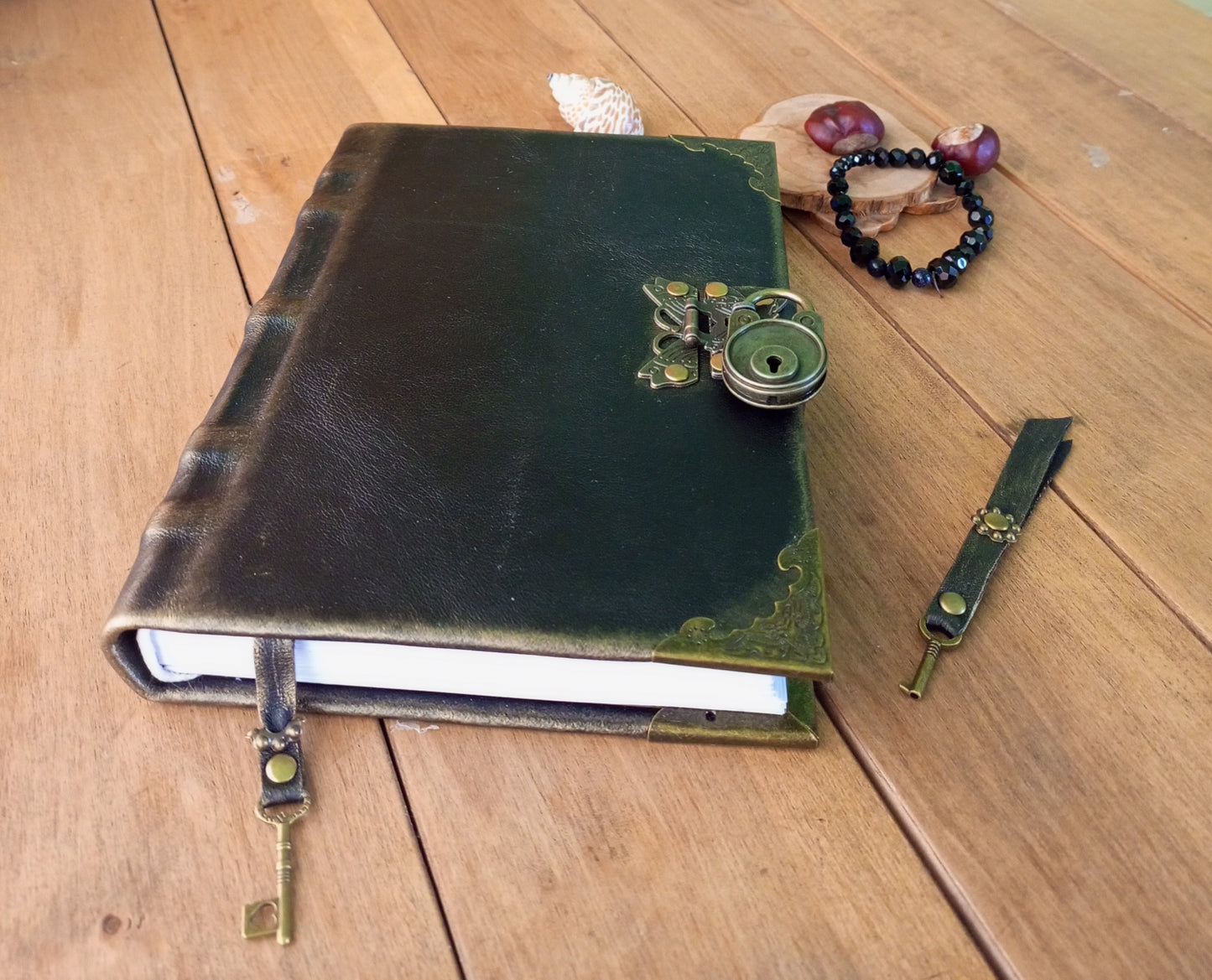 Black Leather Journal with Antique Lock – Handmade Lined Vintage Diary Notebook