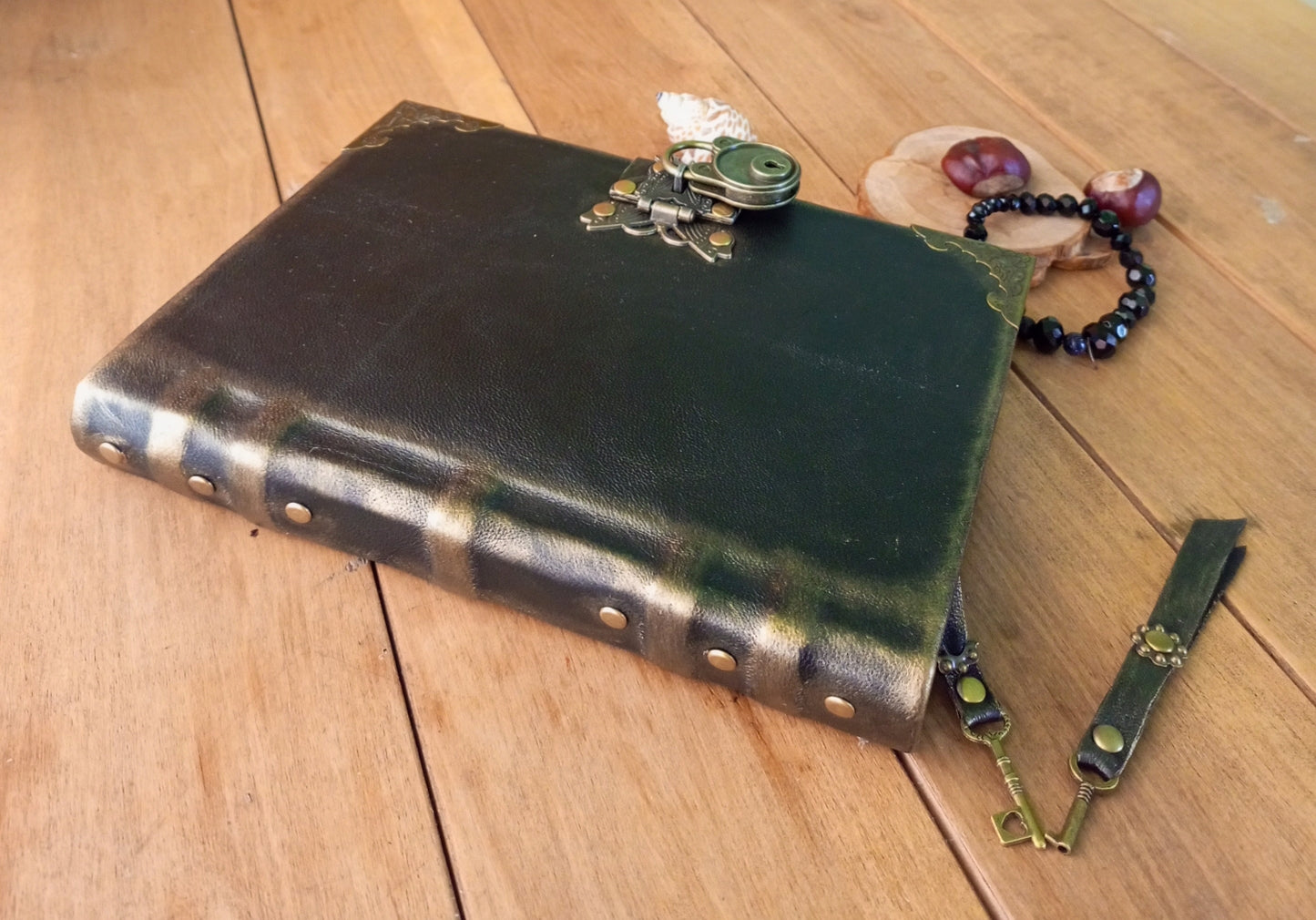 Black Leather Journal with Antique Lock – Handmade Lined Vintage Diary Notebook