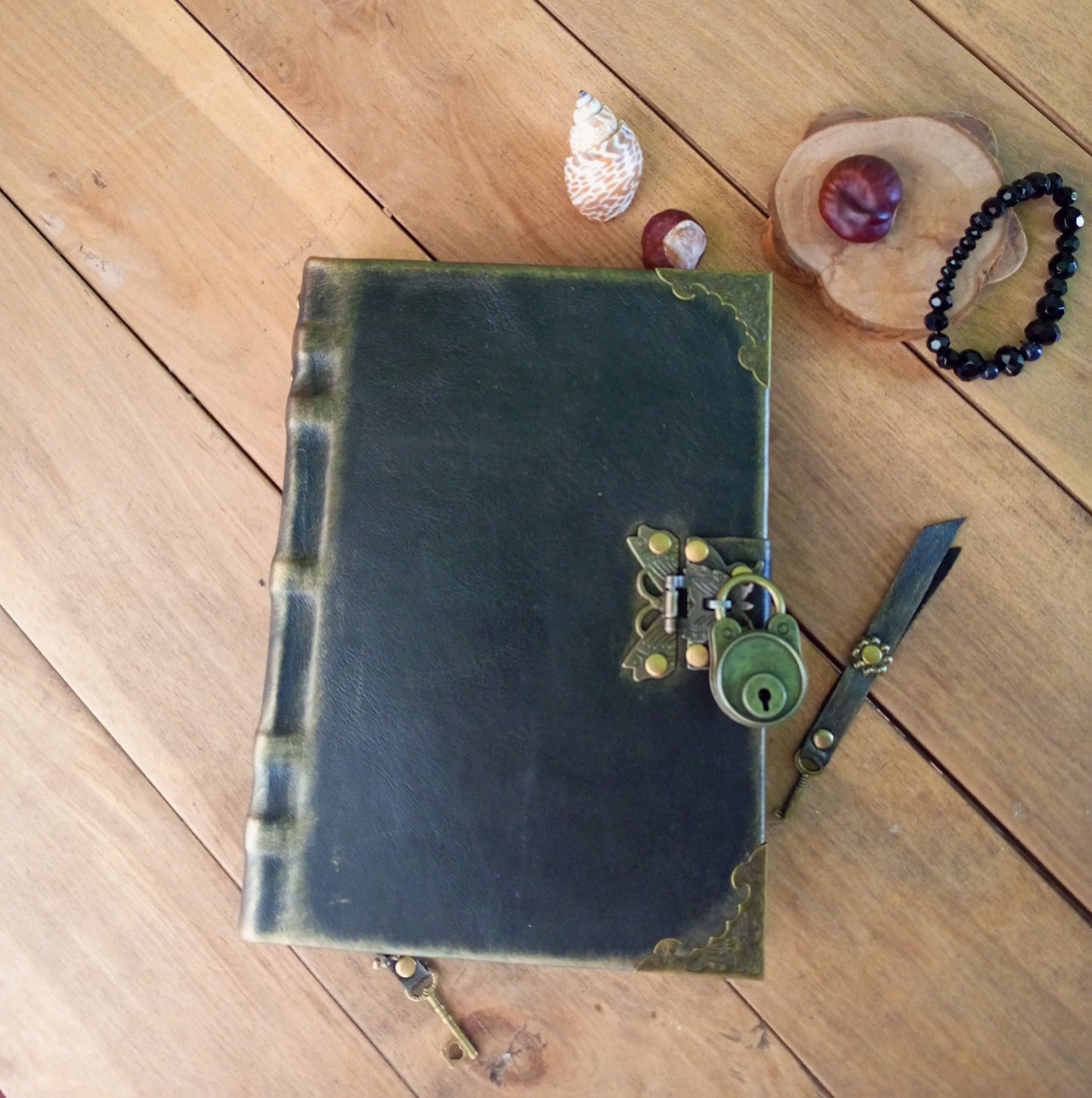 Black Leather Journal with Antique Lock – Handmade Lined Vintage Diary Notebook