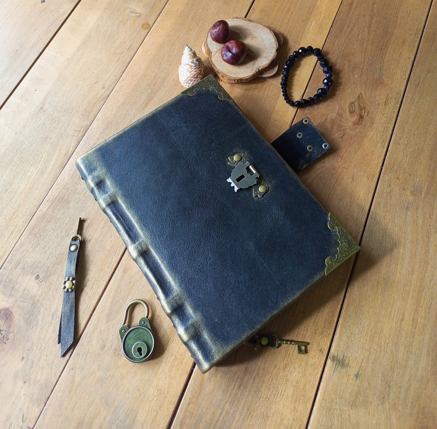 Black Leather Journal with Antique Lock – Handmade Lined Vintage Diary Notebook