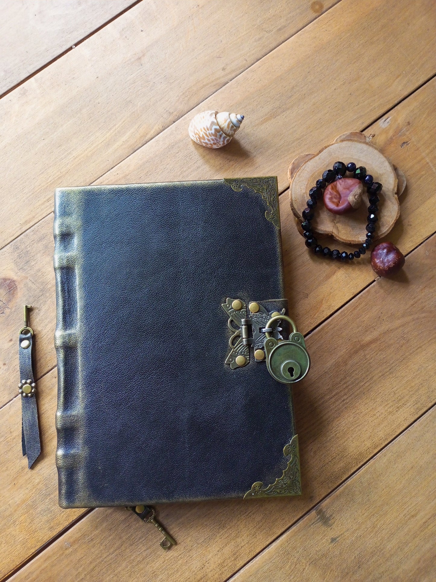 Black Leather Journal with Antique Lock – Handmade Lined Vintage Diary Notebook