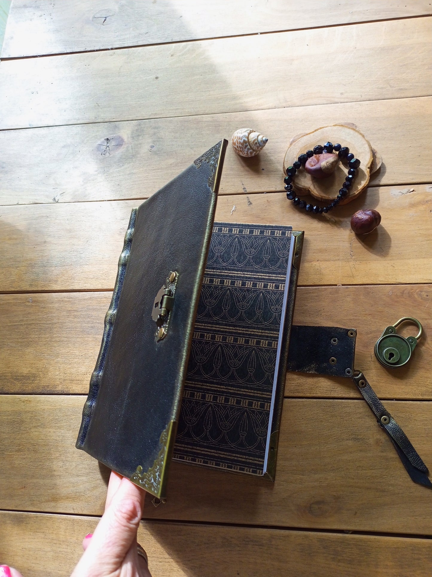 Black Leather Journal with Antique Lock – Handmade Lined Vintage Diary Notebook