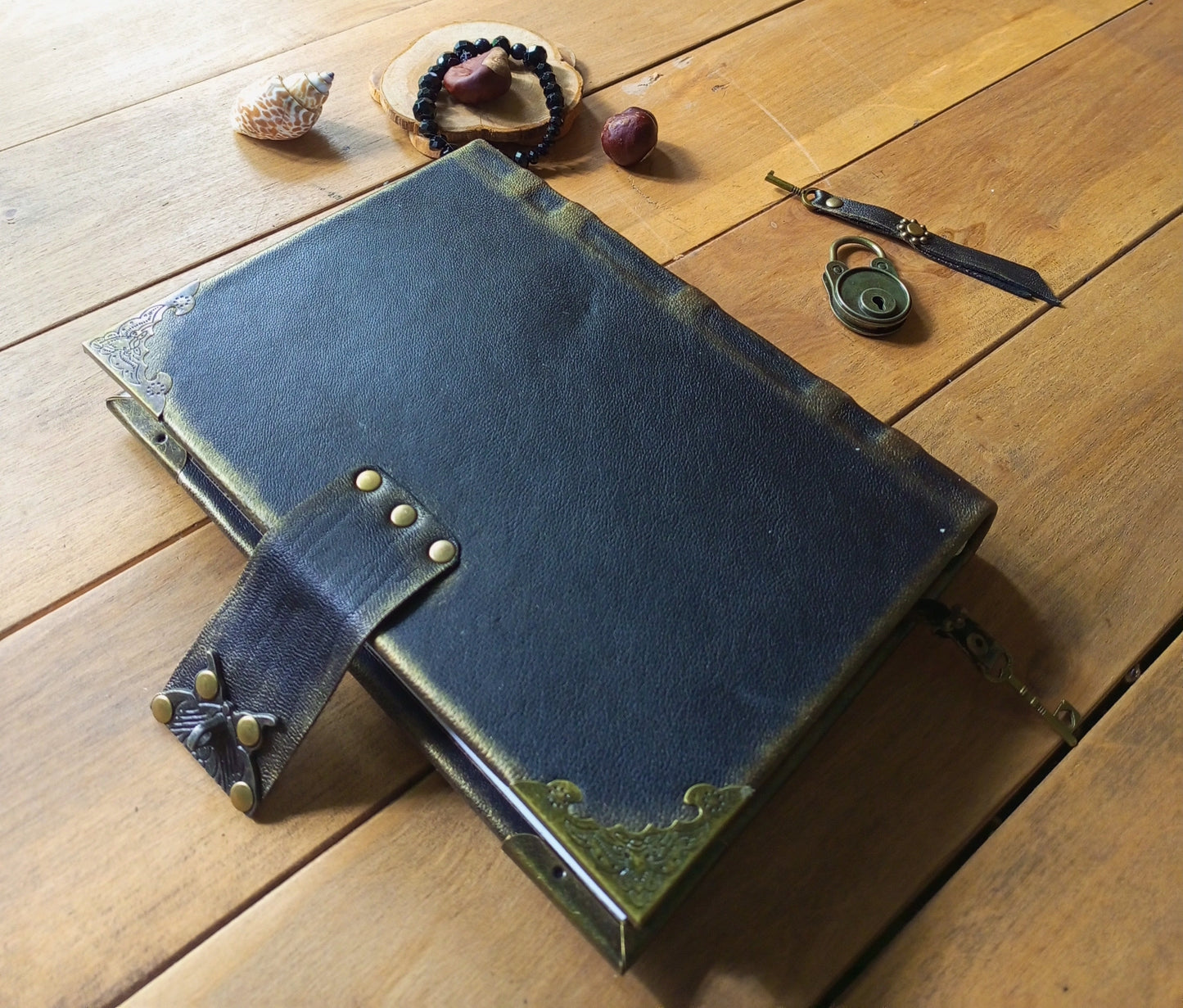 Black Leather Journal with Antique Lock – Handmade Lined Vintage Diary Notebook