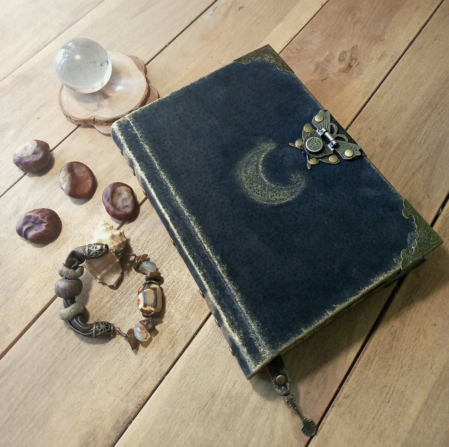 Black Leather Moon Grimoire with Antique Lock – Handmade Engraved Journal, Vintage Book of Shadows