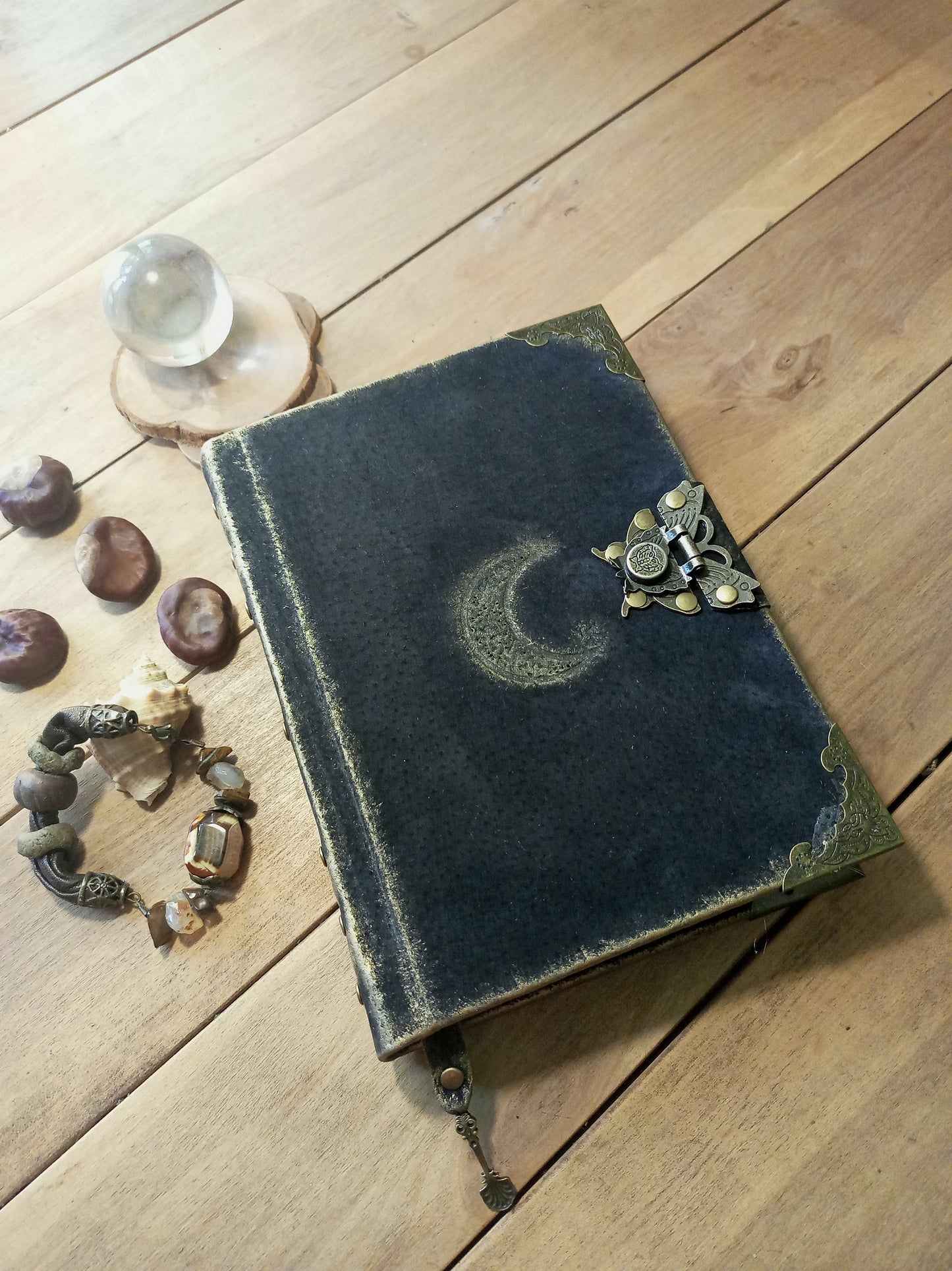 Black Leather Moon Grimoire with Antique Lock – Handmade Engraved Journal, Vintage Book of Shadows