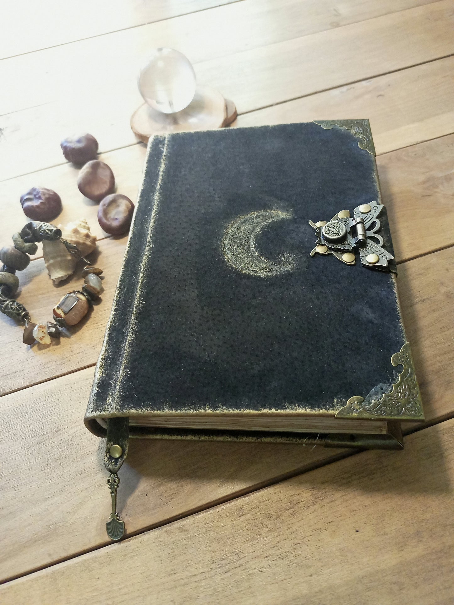 Black Leather Moon Grimoire with Antique Lock – Handmade Engraved Journal, Vintage Book of Shadows