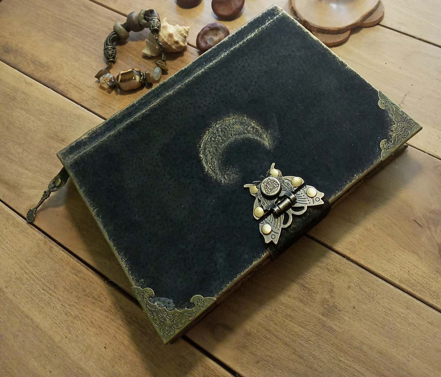 Black Leather Moon Grimoire with Antique Lock – Handmade Engraved Journal, Vintage Book of Shadows