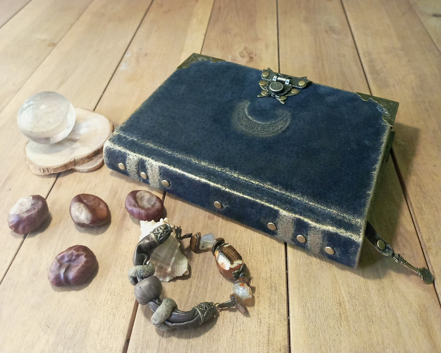 Black Leather Moon Grimoire with Antique Lock – Handmade Engraved Journal, Vintage Book of Shadows