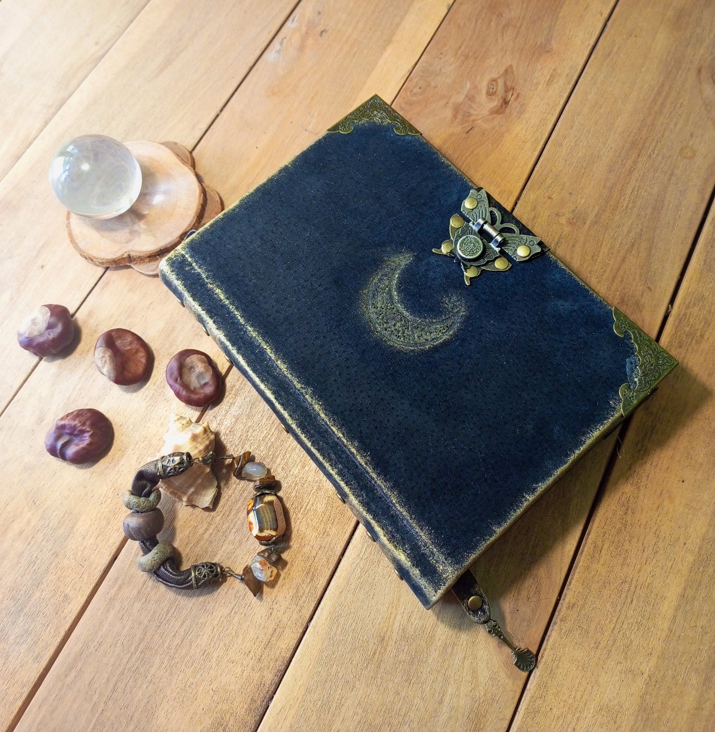 Black Leather Moon Grimoire with Antique Lock – Handmade Engraved Journal, Vintage Book of Shadows