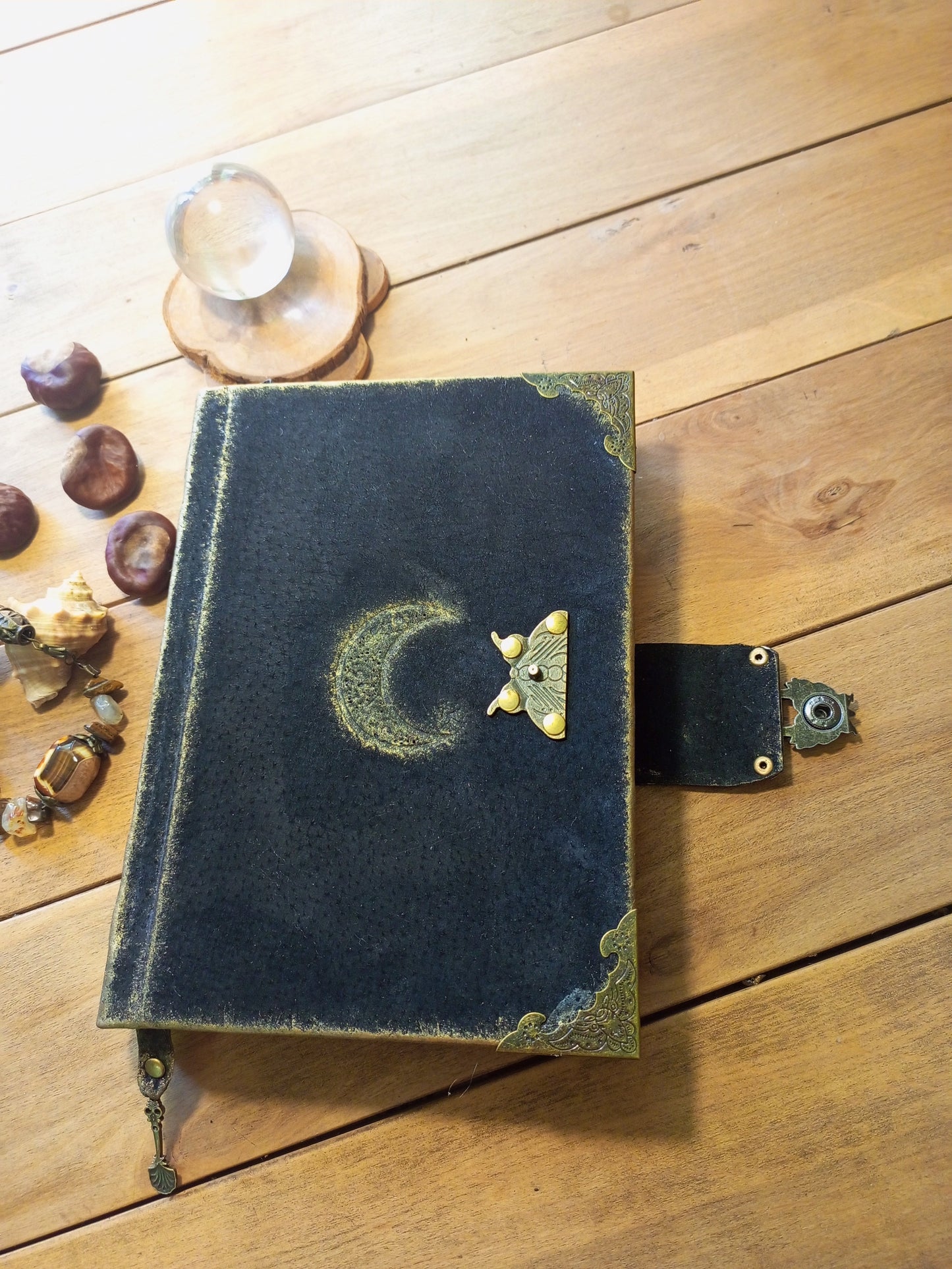 Black Leather Moon Grimoire with Antique Lock – Handmade Engraved Journal, Vintage Book of Shadows