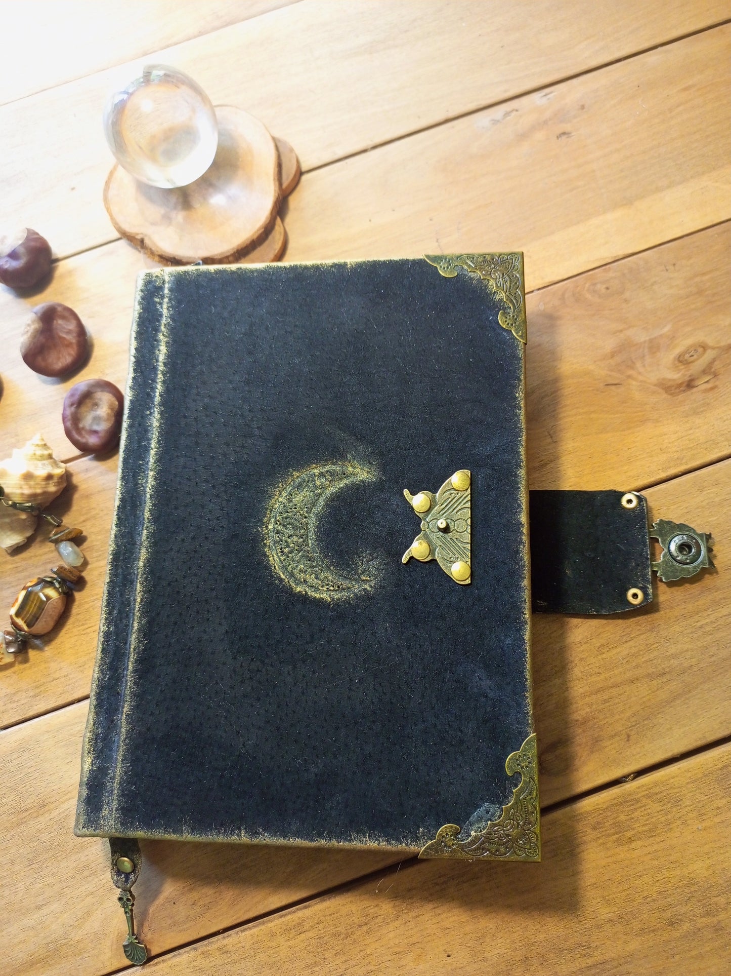Black Leather Moon Grimoire with Antique Lock – Handmade Engraved Journal, Vintage Book of Shadows