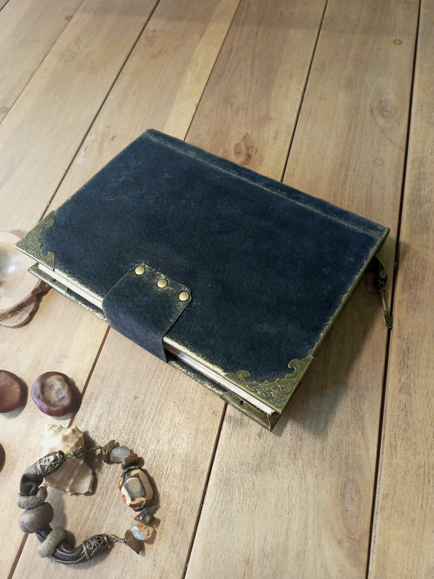 Black Leather Moon Grimoire with Antique Lock – Handmade Engraved Journal, Vintage Book of Shadows