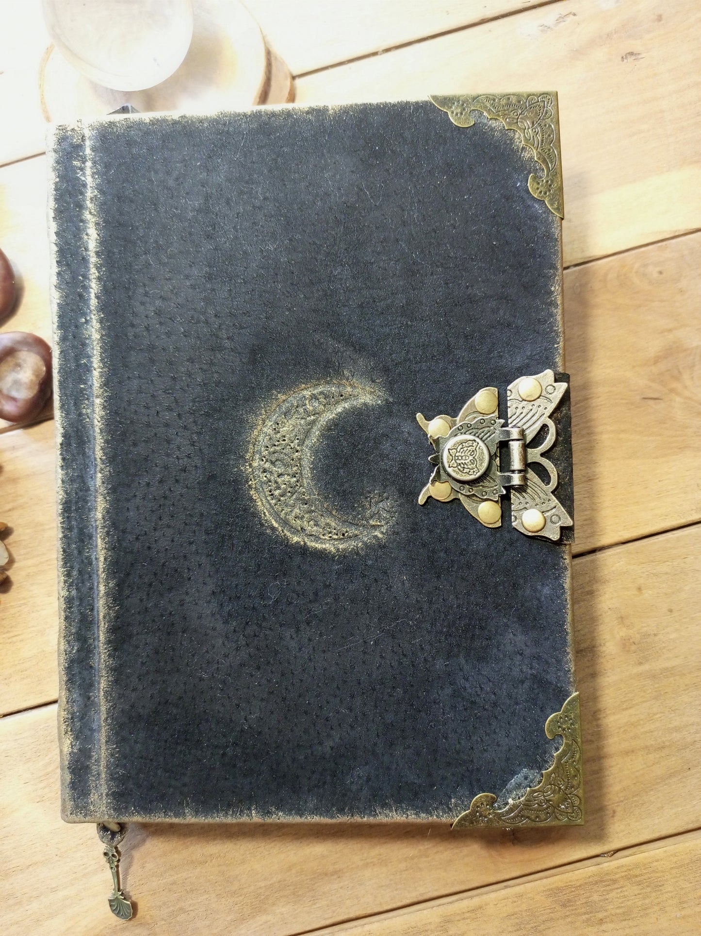 Black Leather Moon Grimoire with Antique Lock – Handmade Engraved Journal, Vintage Book of Shadows