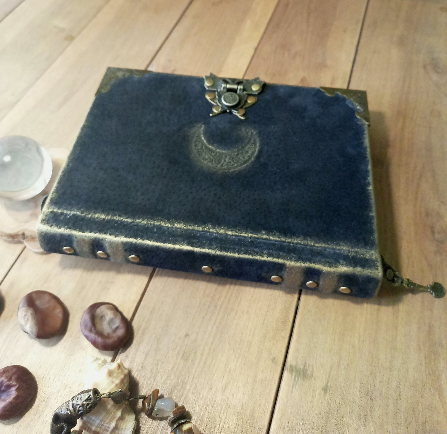 Black Leather Moon Grimoire with Antique Lock – Handmade Engraved Journal, Vintage Book of Shadows