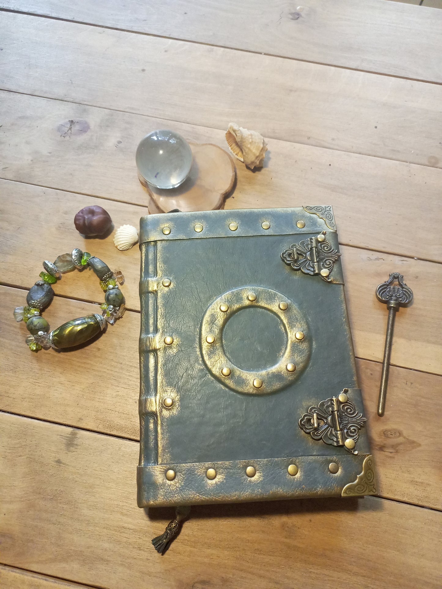 Medieval Grey Leather Journal – Aged Grimoire with Antique Lock, Gothic Book of Shadows