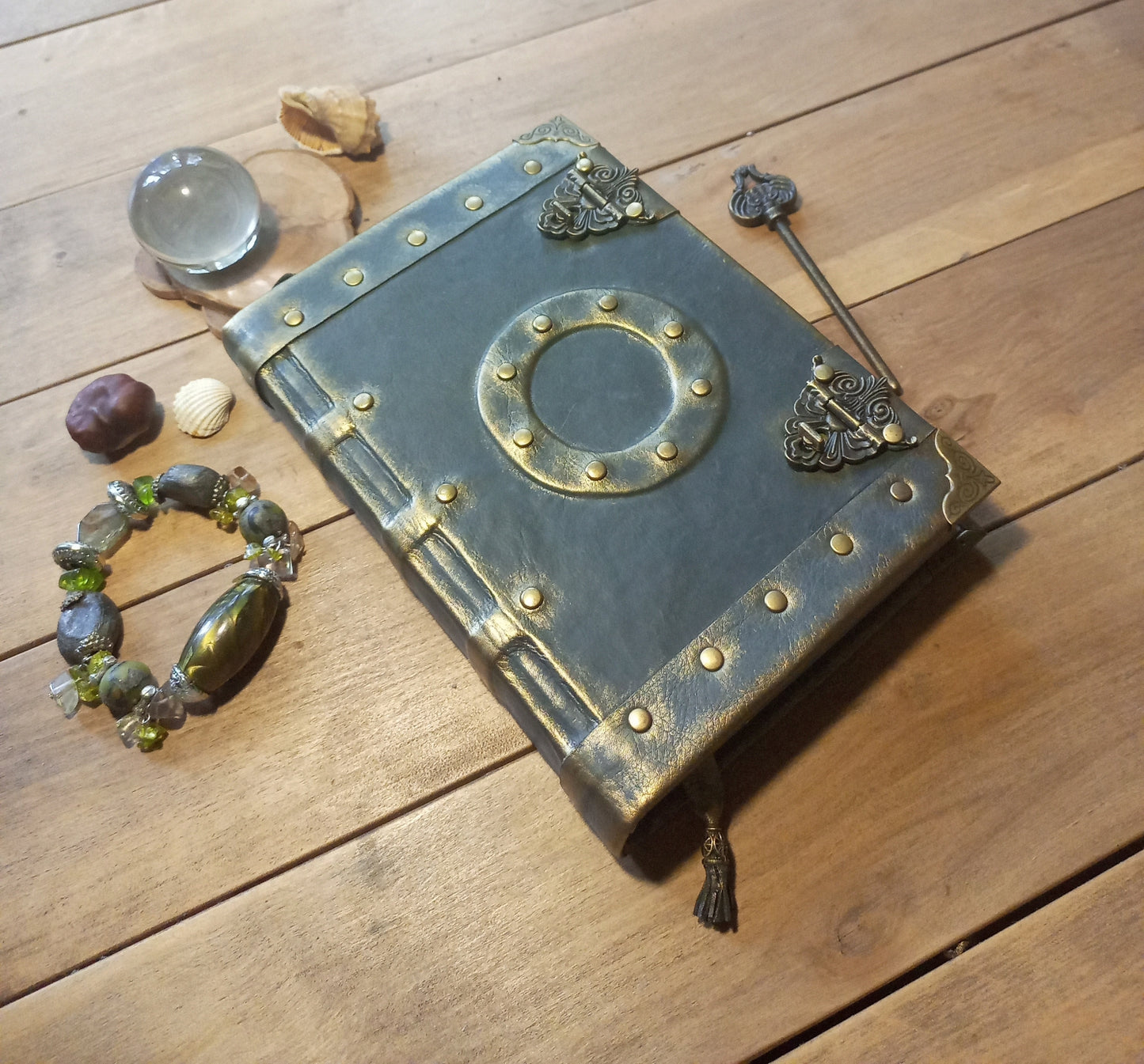 Medieval Grey Leather Journal – Aged Grimoire with Antique Lock, Gothic Book of Shadows