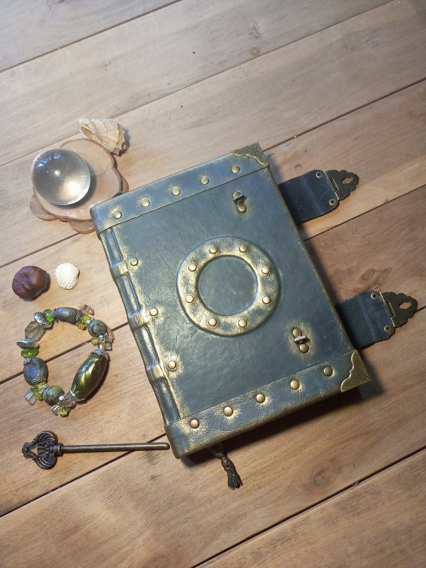 Medieval Grey Leather Journal – Aged Grimoire with Antique Lock, Gothic Book of Shadows
