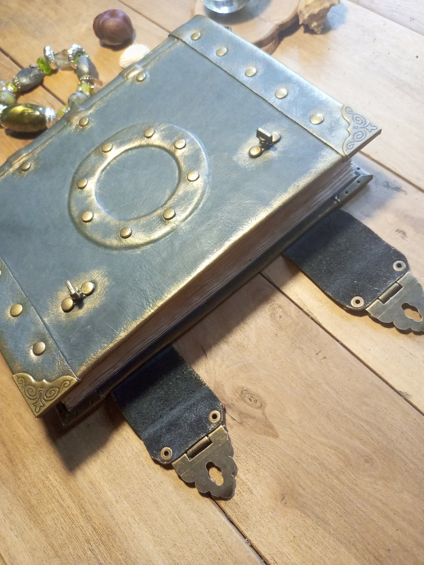 Medieval Grey Leather Journal – Aged Grimoire with Antique Lock, Gothic Book of Shadows