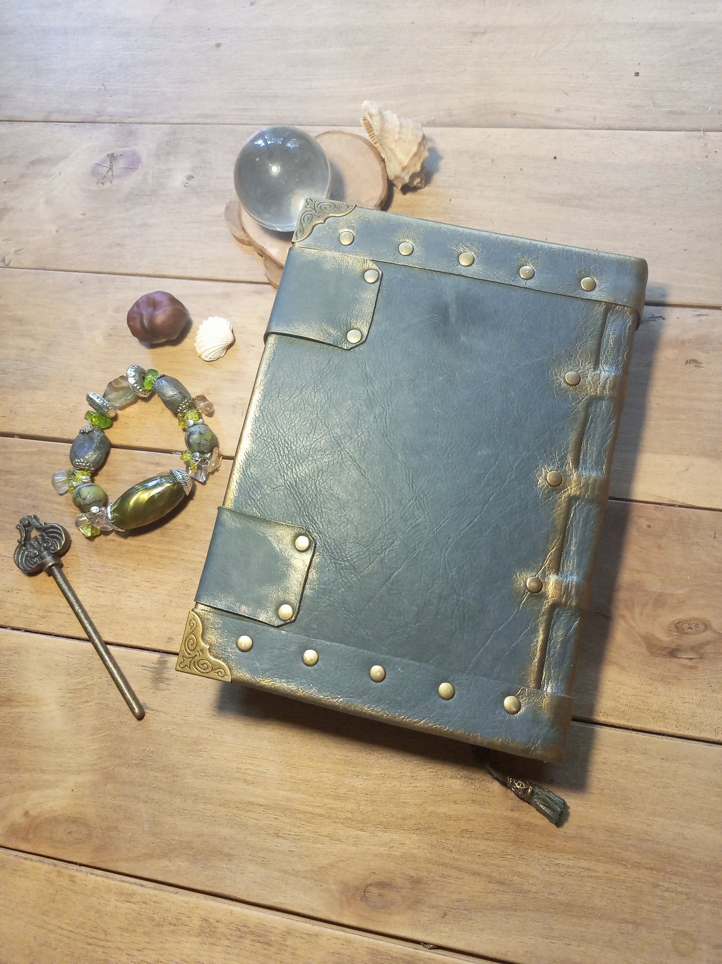 Medieval Grey Leather Journal – Aged Grimoire with Antique Lock, Gothic Book of Shadows