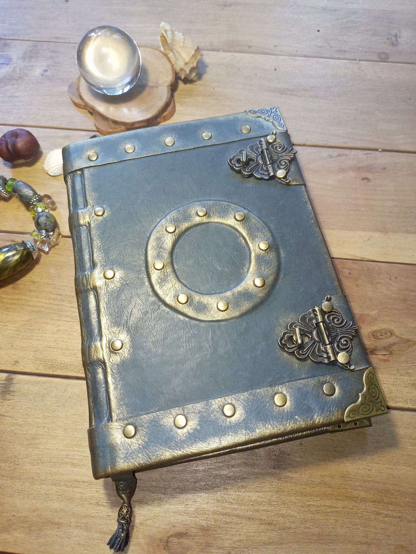 Medieval Grey Leather Journal – Aged Grimoire with Antique Lock, Gothic Book of Shadows