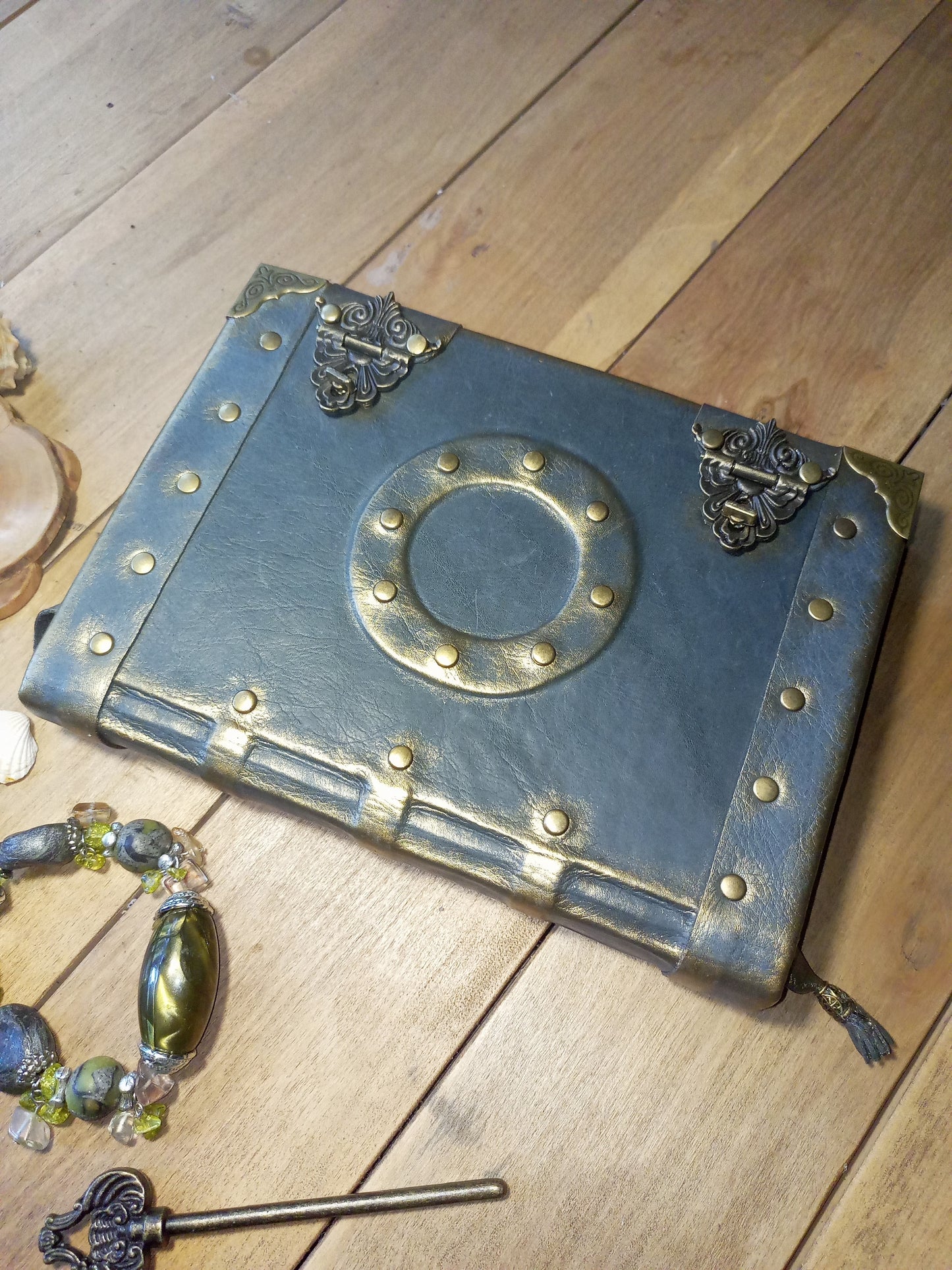Medieval Grey Leather Journal – Aged Grimoire with Antique Lock, Gothic Book of Shadows