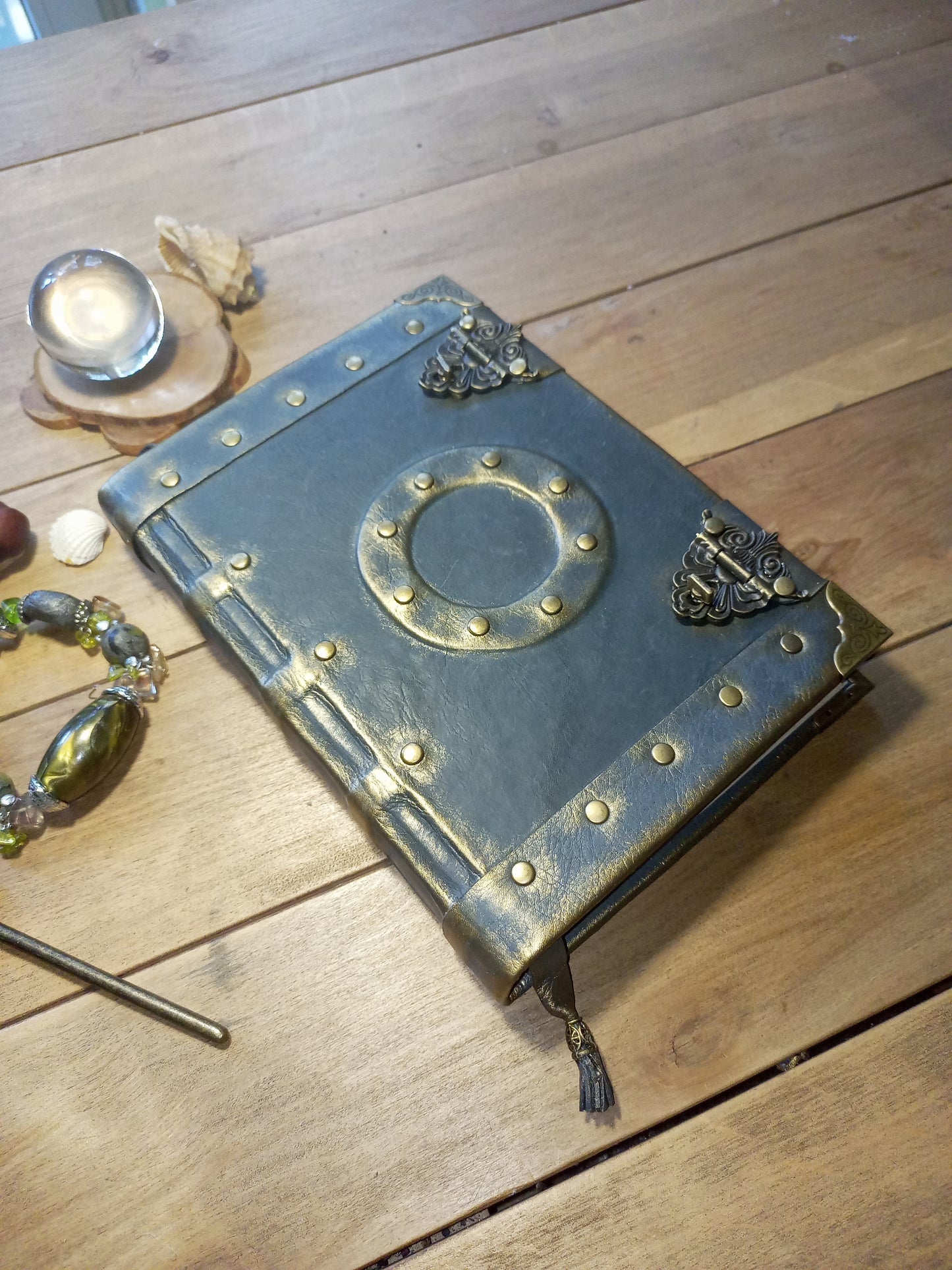 Medieval Grey Leather Journal – Aged Grimoire with Antique Lock, Gothic Book of Shadows