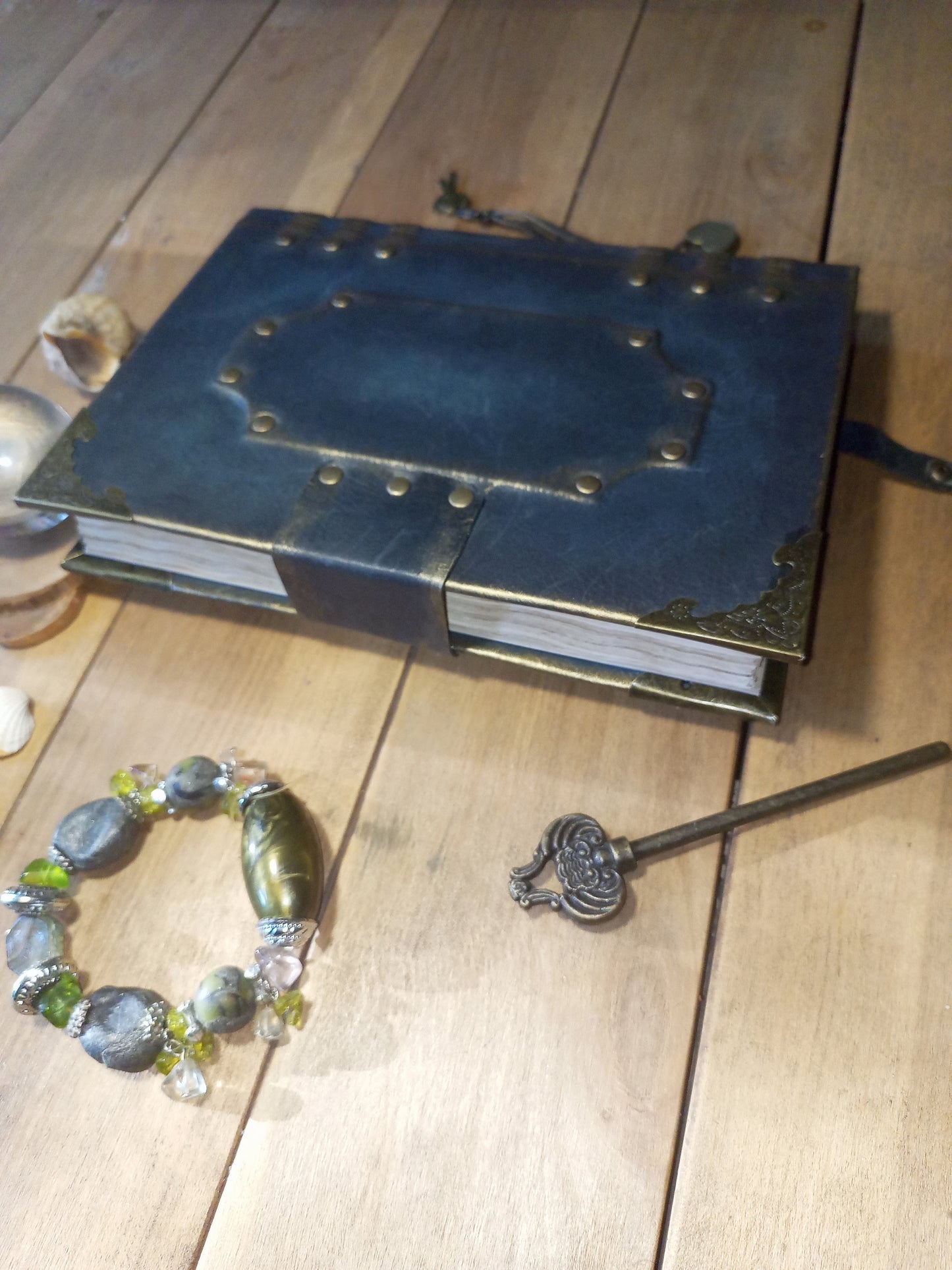 Grey Leather Journal with Antique Lock – Handmade Vintage Grimoire, Dark Grey Book of Shadows