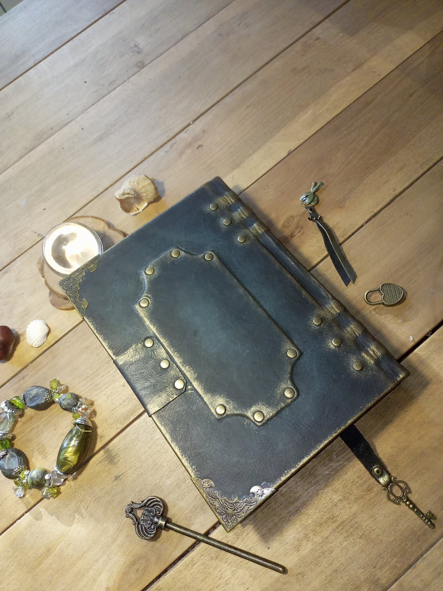 Grey Leather Journal with Antique Lock – Handmade Vintage Grimoire, Dark Grey Book of Shadows