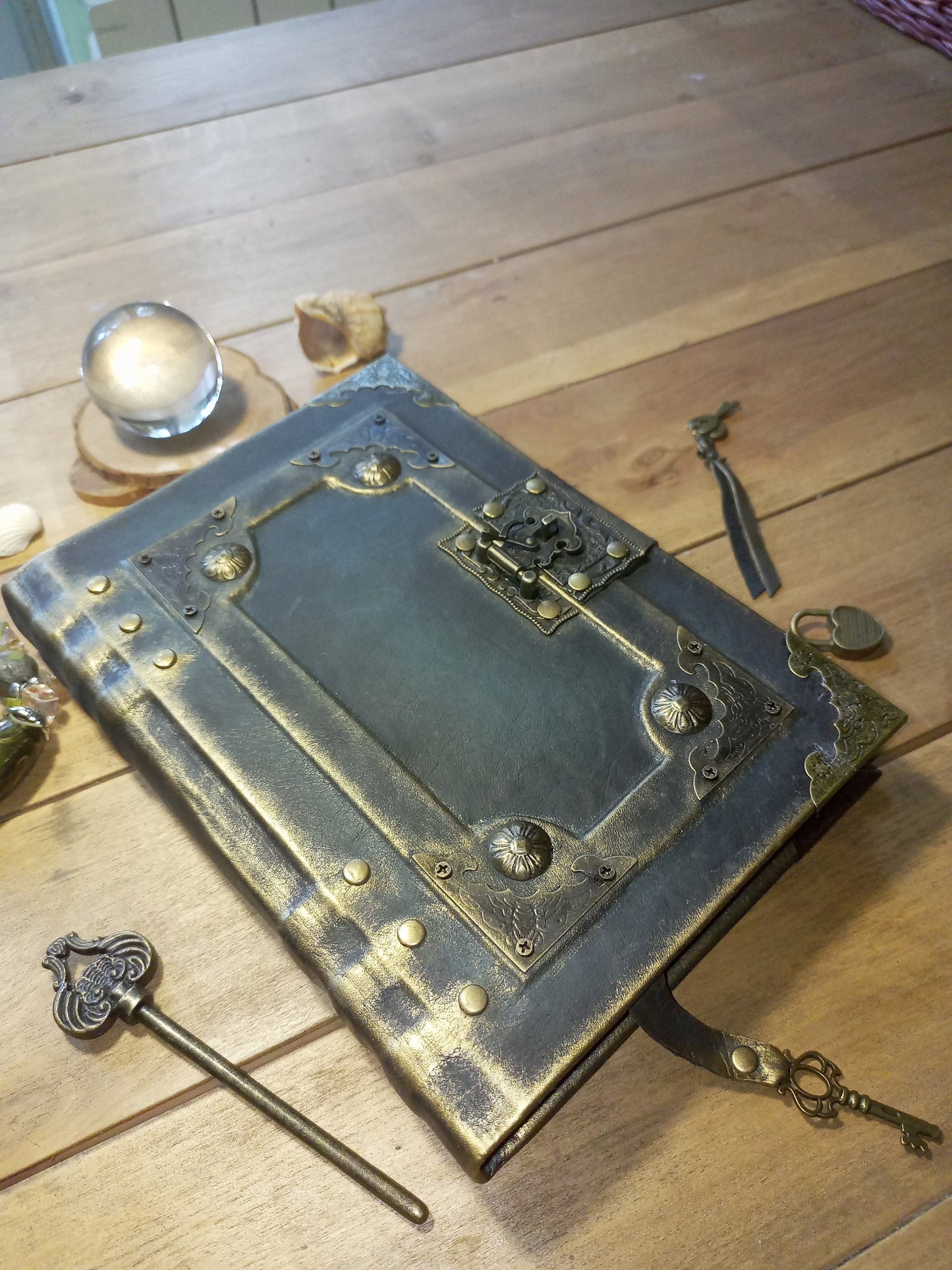 Grey Leather Journal with Antique Lock – Handmade Vintage Grimoire, Dark Grey Book of Shadows