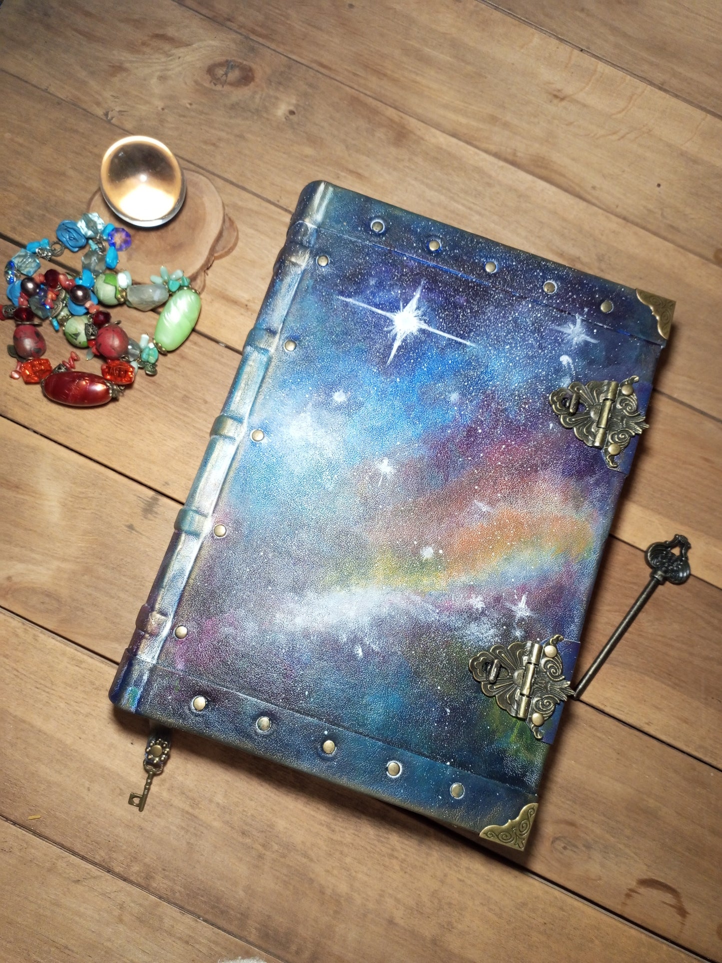 Blue Nebula Leather Journal – Hand Painted Galaxy Notebook, Large Handmade Sketchbook