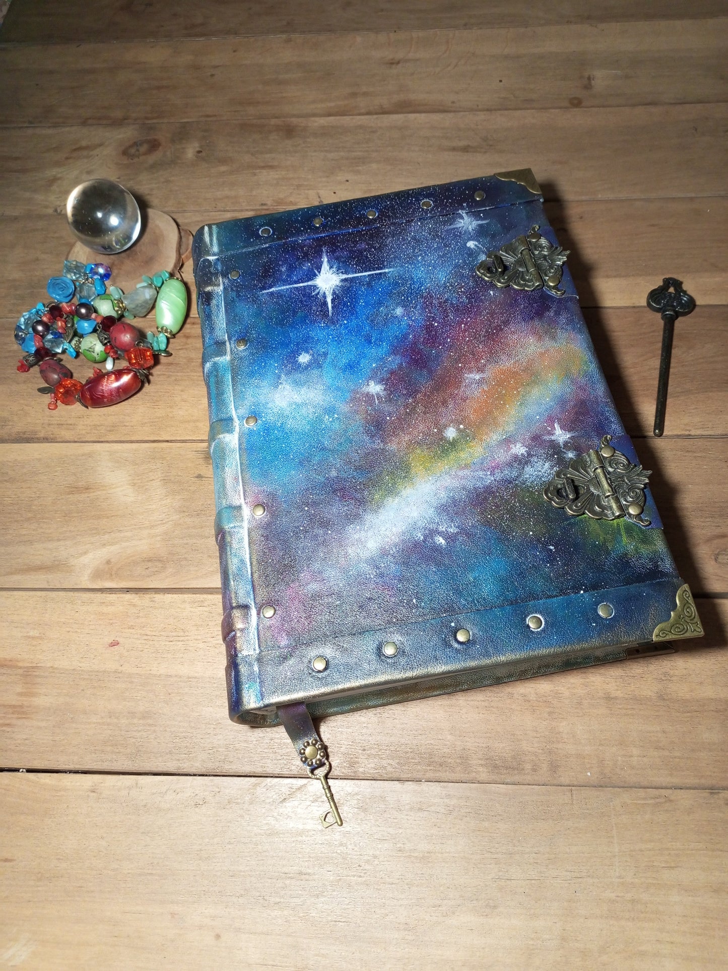 Blue Nebula Leather Journal – Hand Painted Galaxy Notebook, Large Handmade Sketchbook
