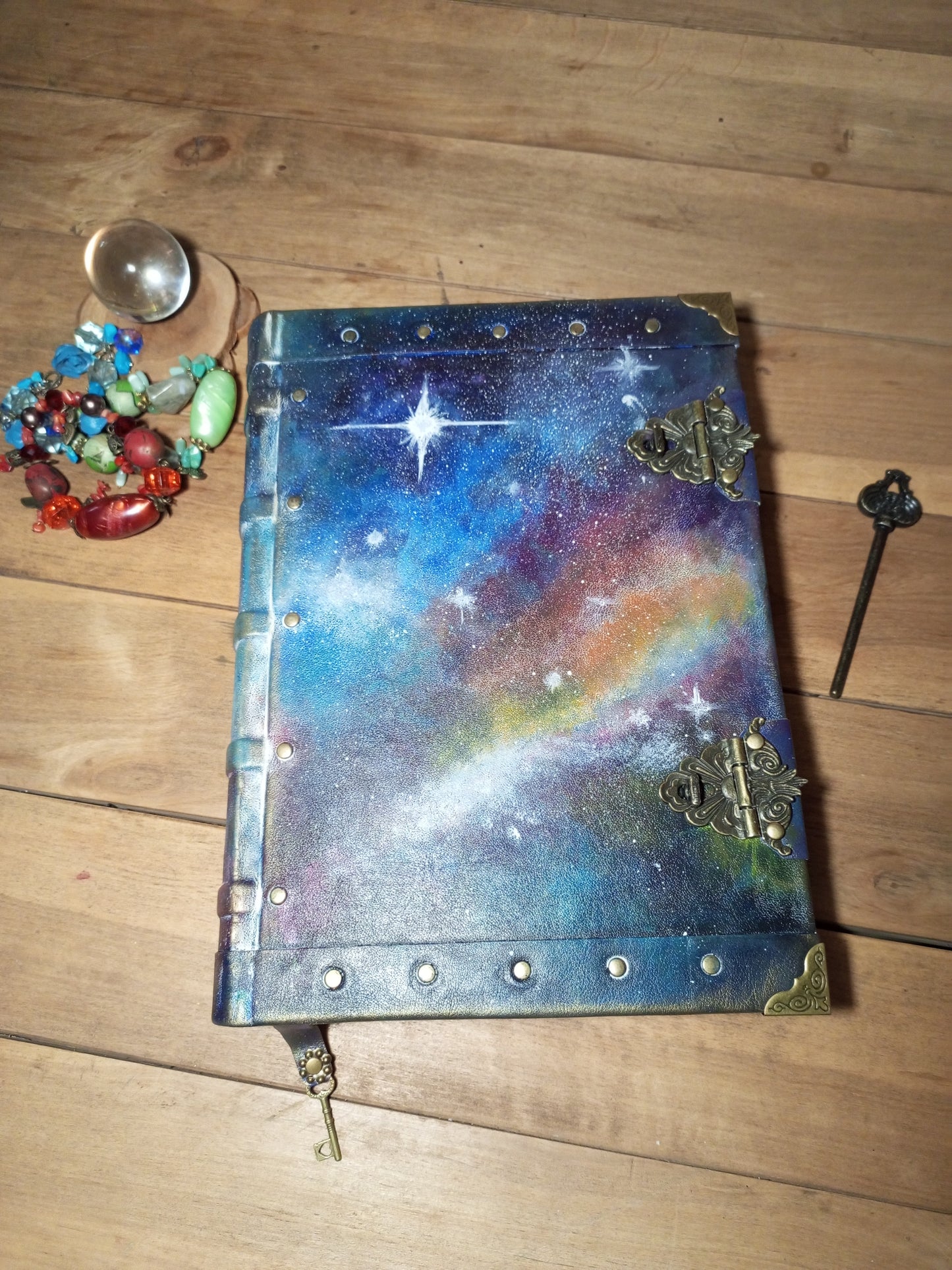 Blue Nebula Leather Journal – Hand Painted Galaxy Notebook, Large Handmade Sketchbook
