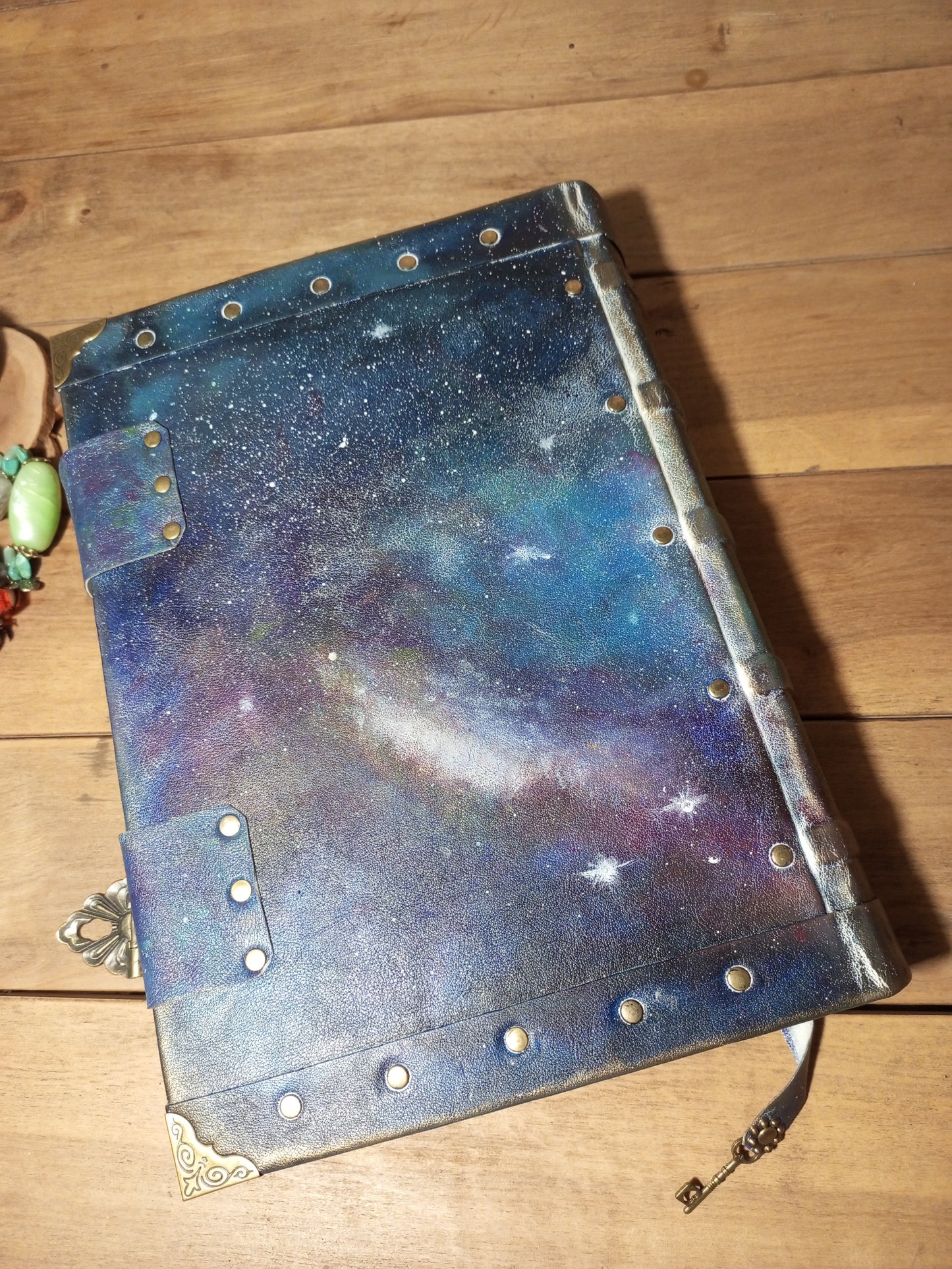 Blue Nebula Leather Journal – Hand Painted Galaxy Notebook, Large Handmade Sketchbook