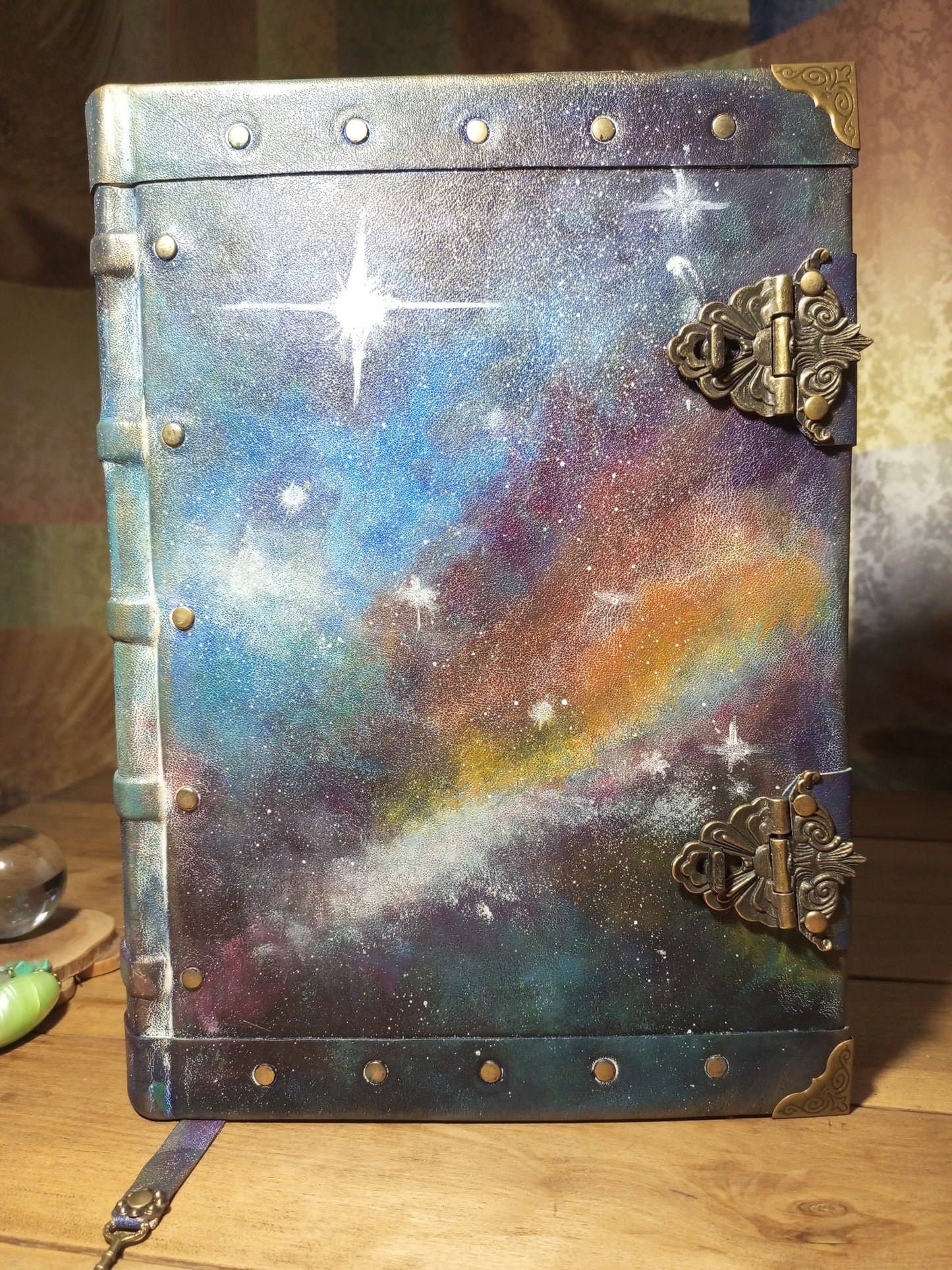 Blue Nebula Leather Journal – Hand Painted Galaxy Notebook, Large Handmade Sketchbook