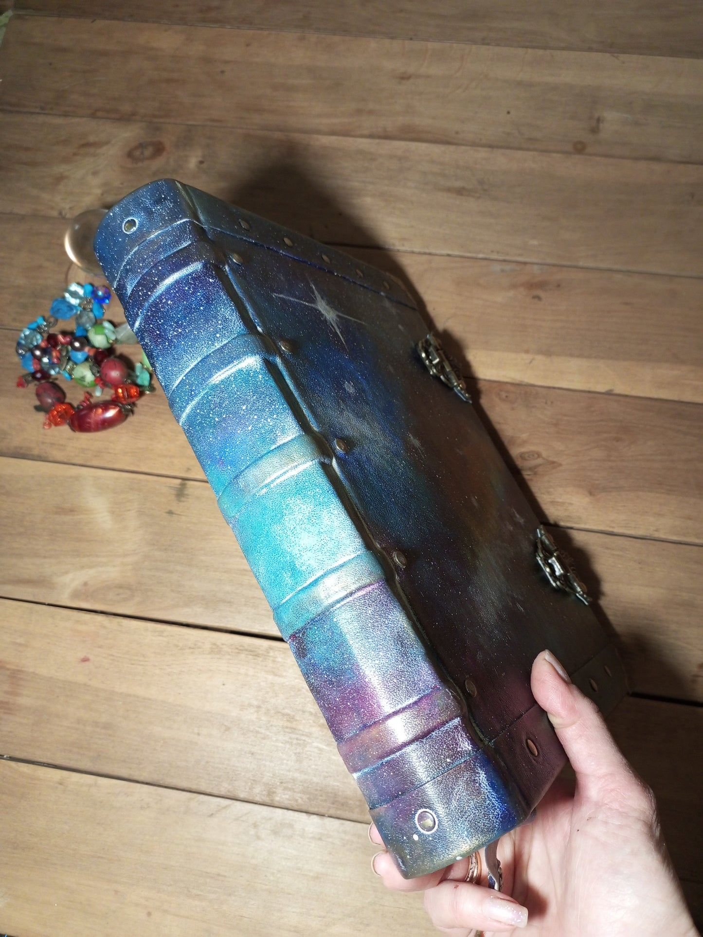 Blue Nebula Leather Journal – Hand Painted Galaxy Notebook, Large Handmade Sketchbook