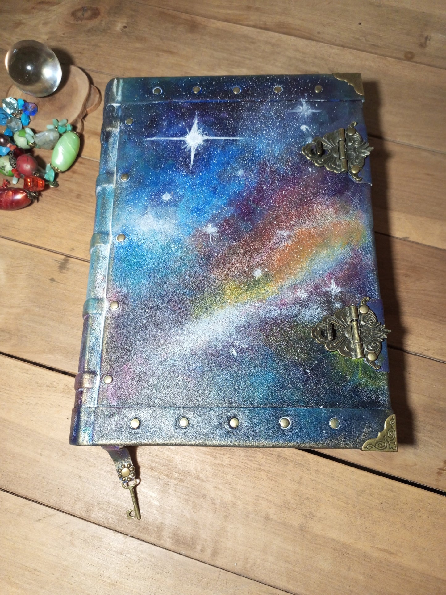 Blue Nebula Leather Journal – Hand Painted Galaxy Notebook, Large Handmade Sketchbook