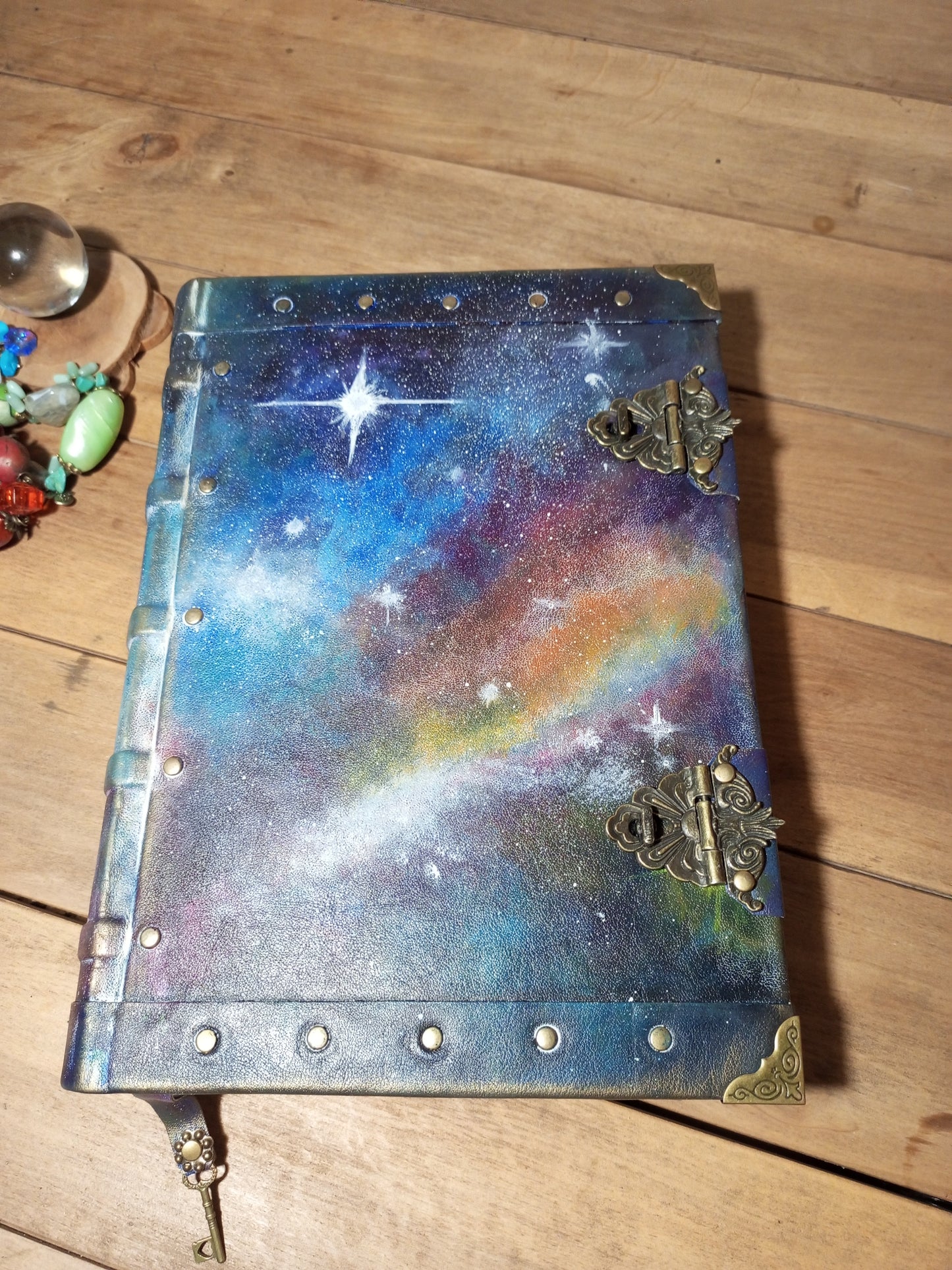 Blue Nebula Leather Journal – Hand Painted Galaxy Notebook, Large Handmade Sketchbook