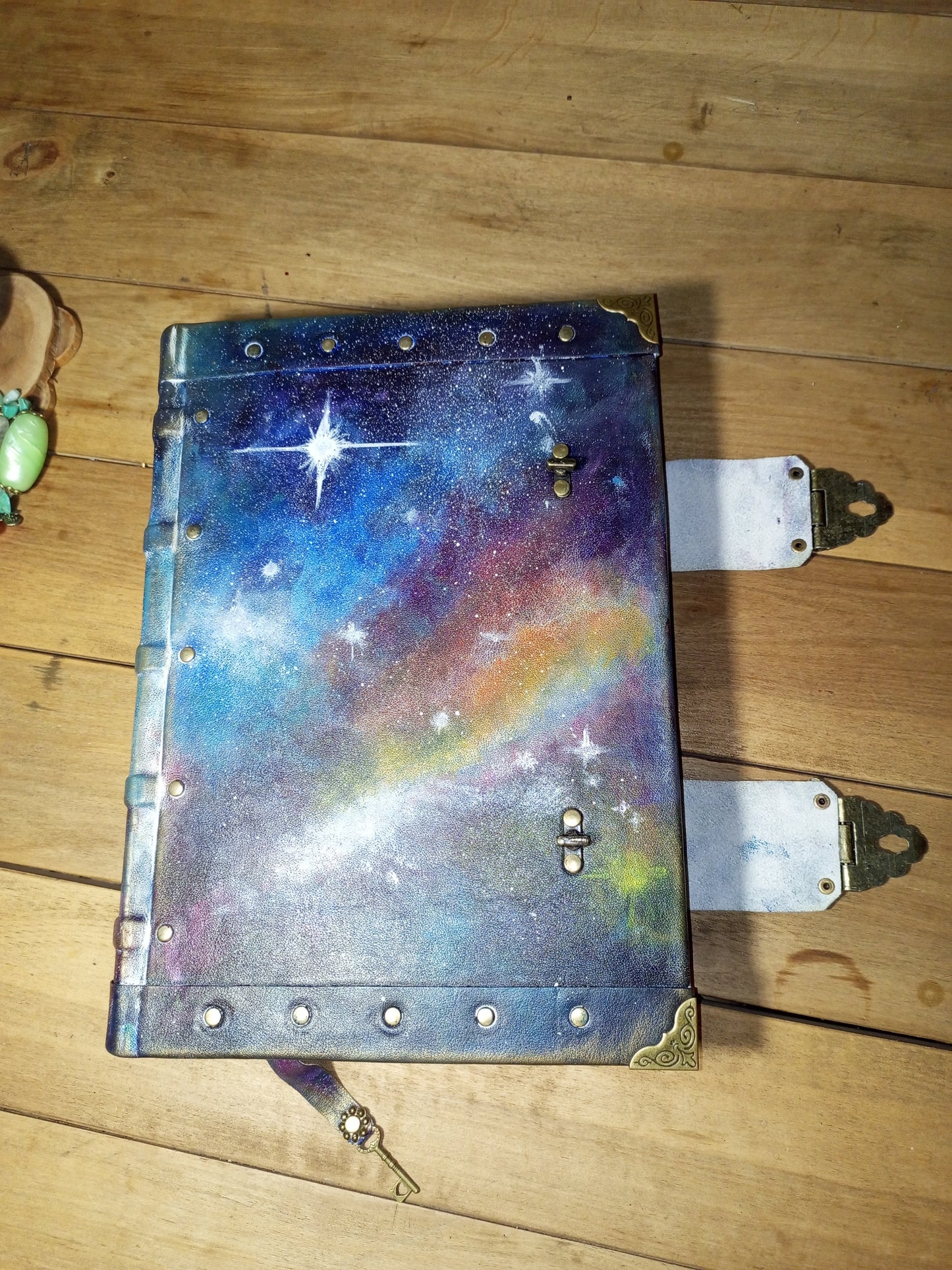 Blue Nebula Leather Journal – Hand Painted Galaxy Notebook, Large Handmade Sketchbook