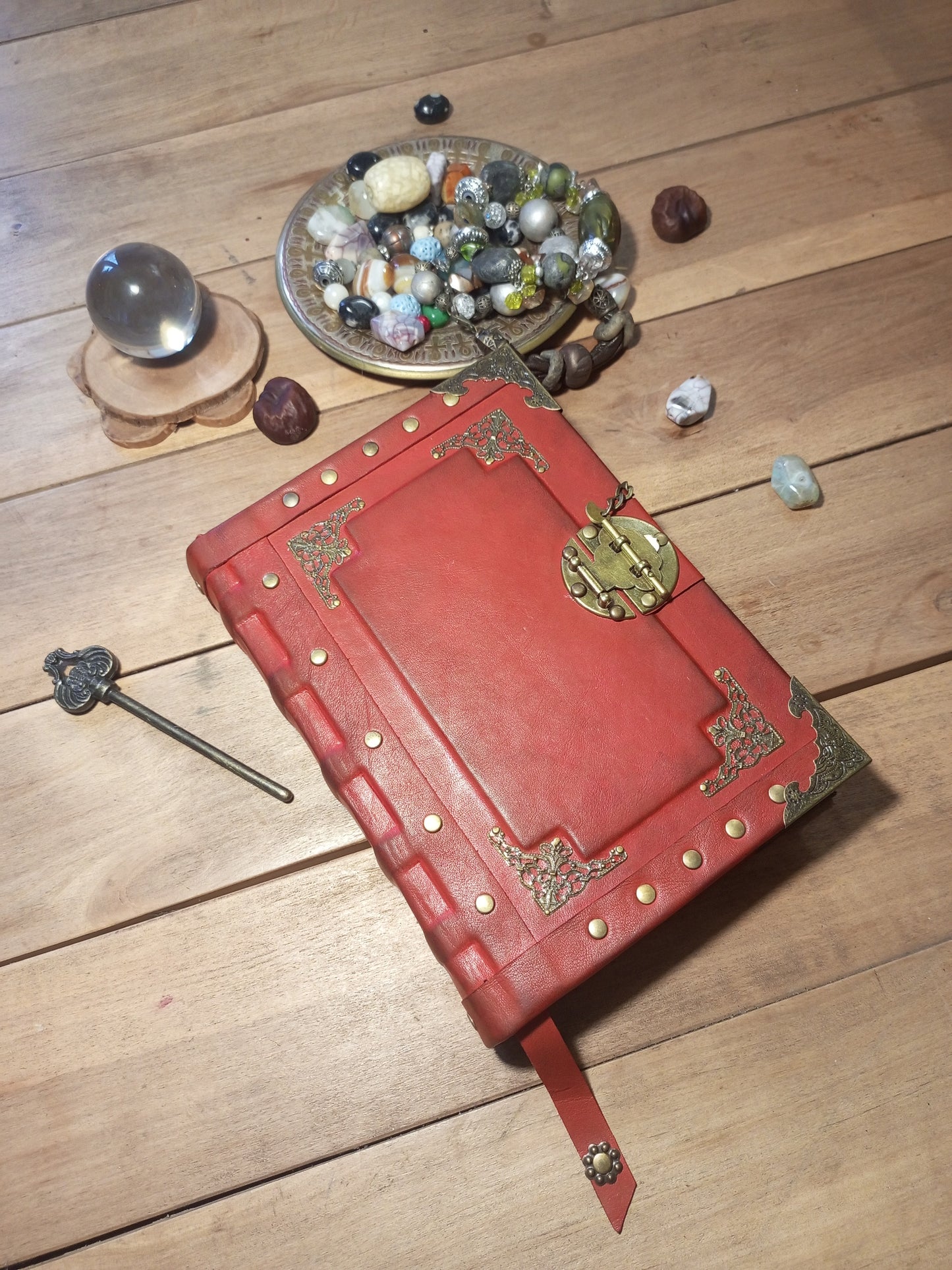 Red Aged Leather Journal with Antique Lock – Vintage Gothic Notebook Medieval Book of Shadows