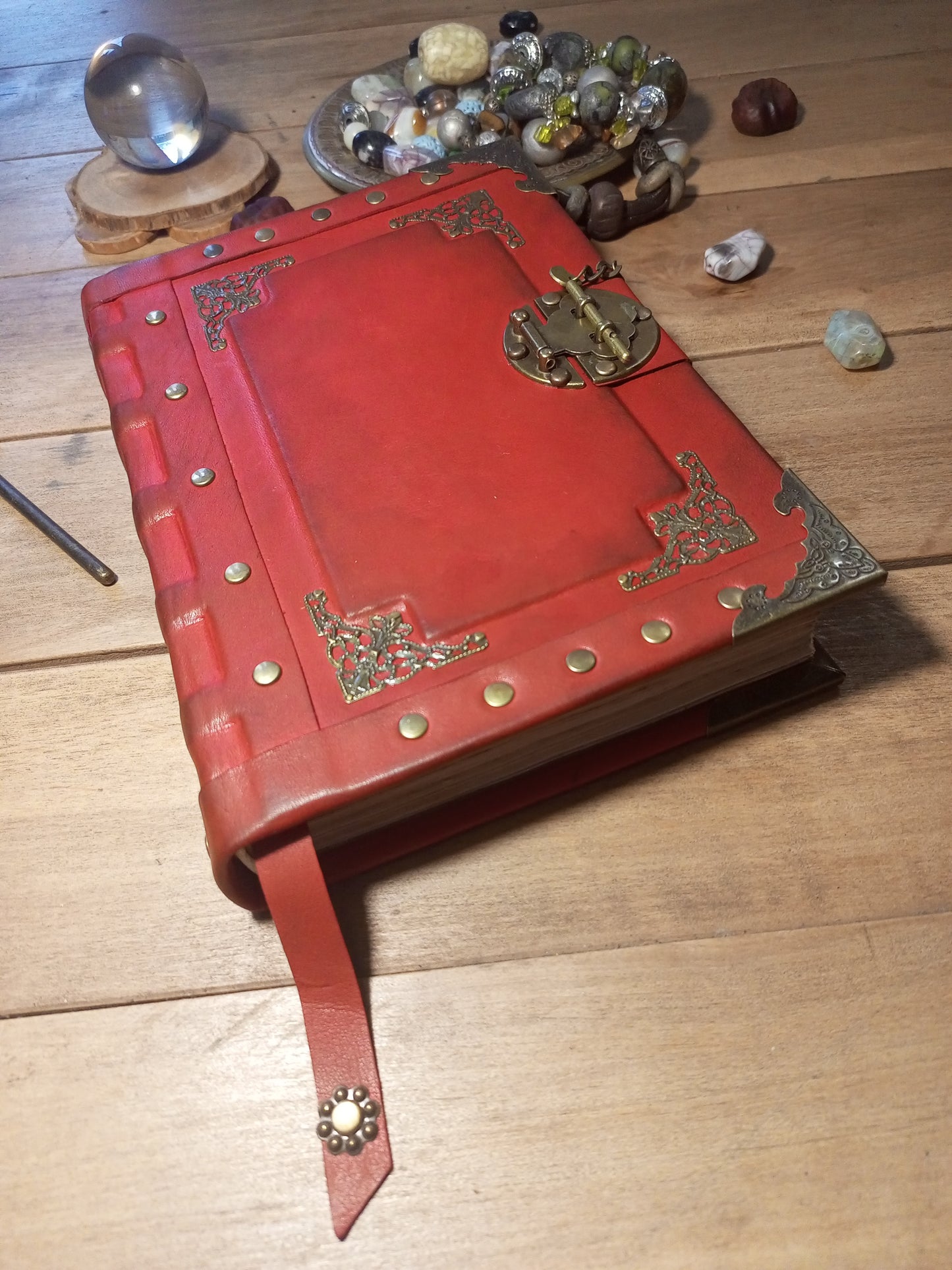 Red Aged Leather Journal with Antique Lock – Vintage Gothic Notebook Medieval Book of Shadows