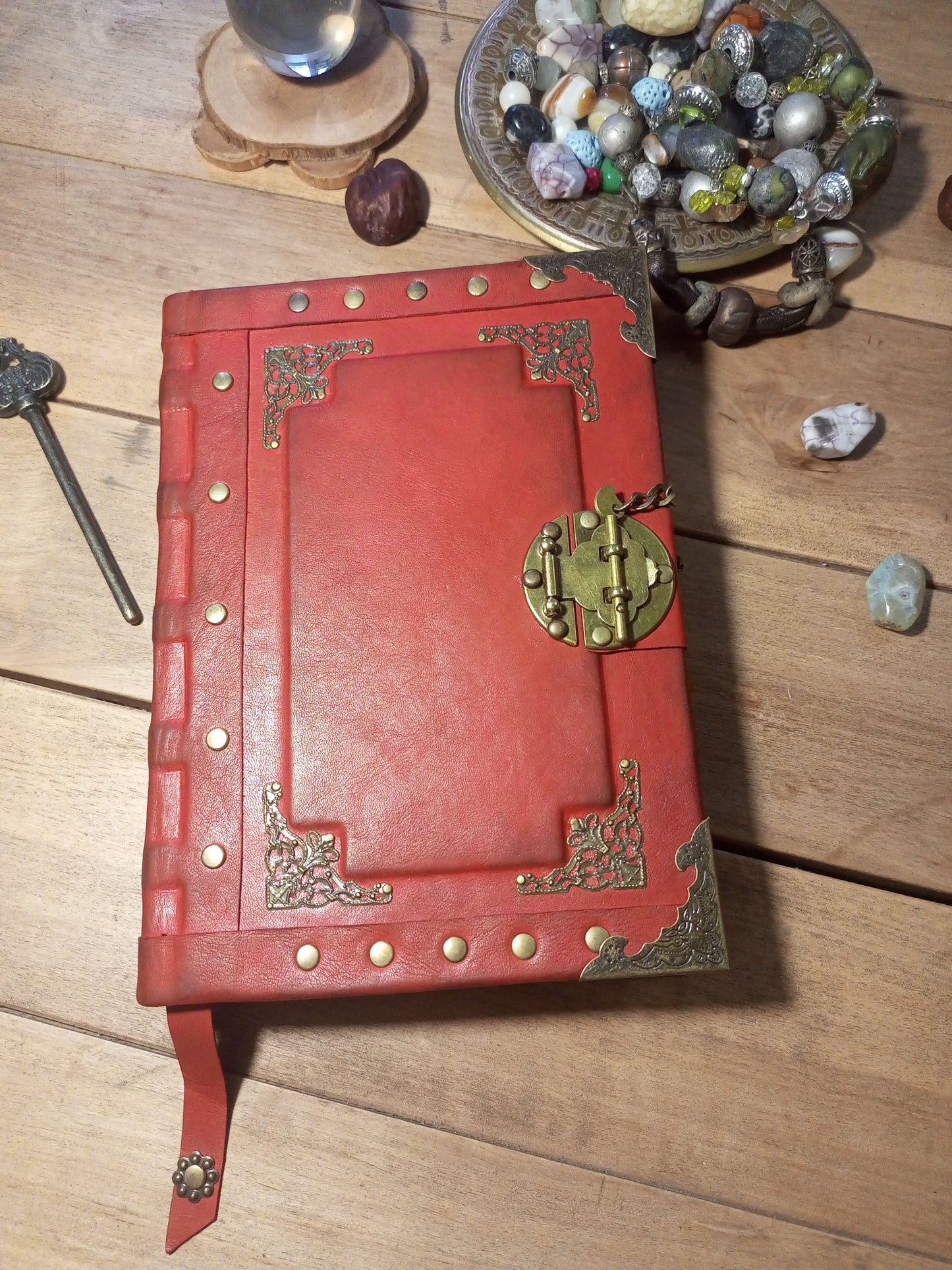 Red Aged Leather Journal with Antique Lock – Vintage Gothic Notebook Medieval Book of Shadows