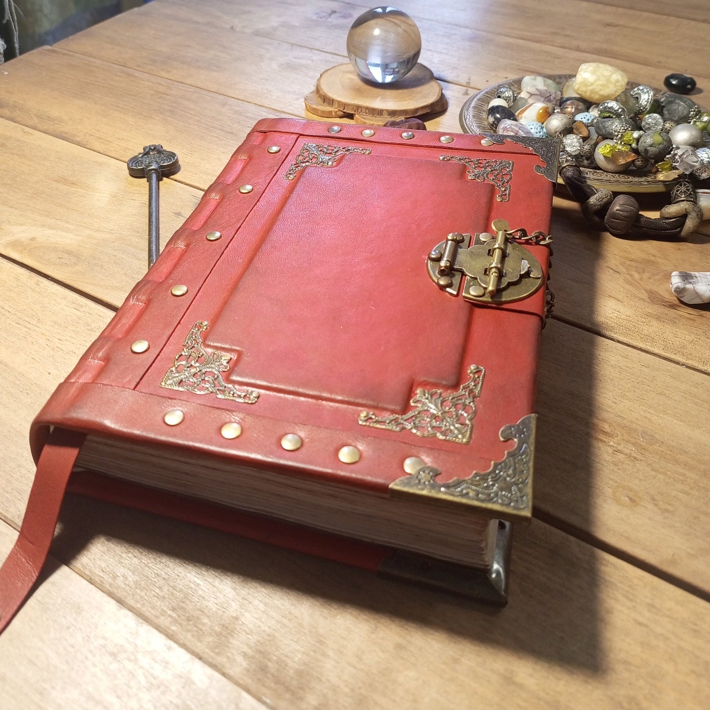 Red Aged Leather Journal with Antique Lock – Vintage Gothic Notebook Medieval Book of Shadows