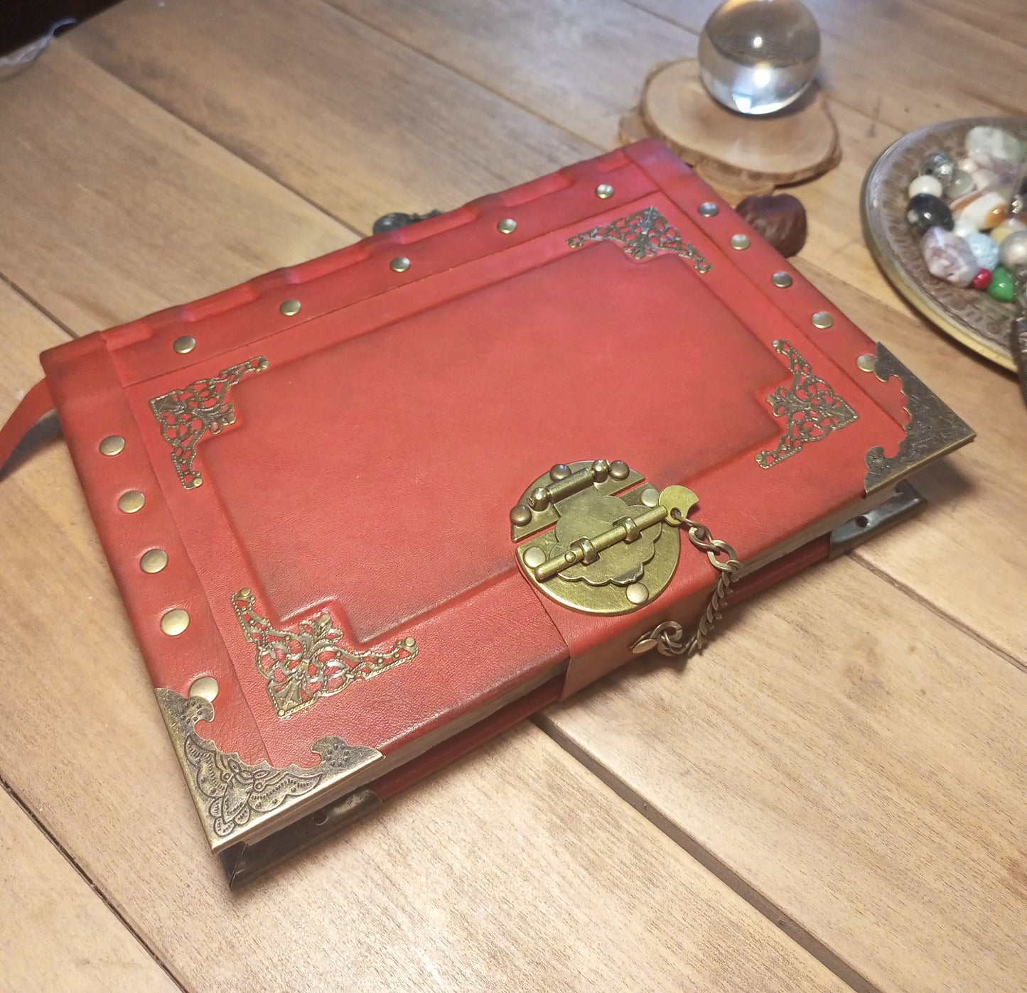 Red Aged Leather Journal with Antique Lock – Vintage Gothic Notebook Medieval Book of Shadows
