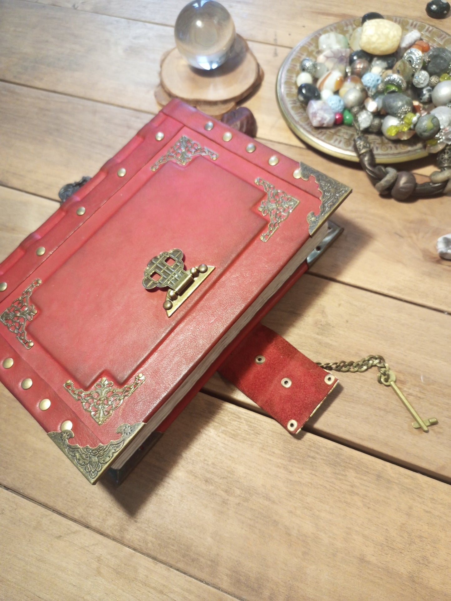 Red Aged Leather Journal with Antique Lock – Vintage Gothic Notebook Medieval Book of Shadows