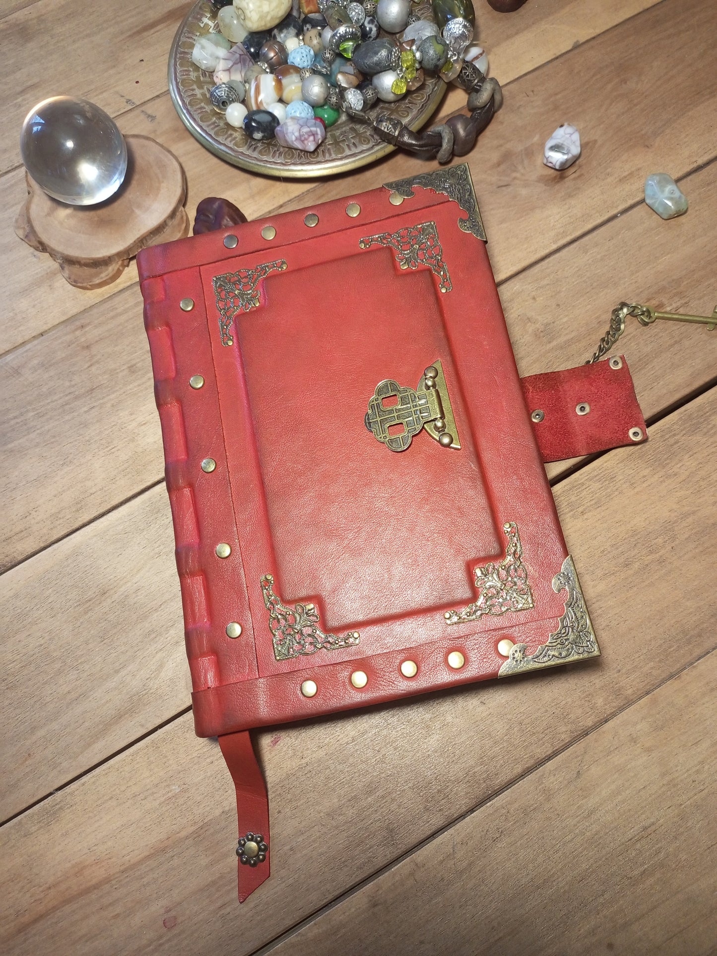 Red Aged Leather Journal with Antique Lock – Vintage Gothic Notebook Medieval Book of Shadows