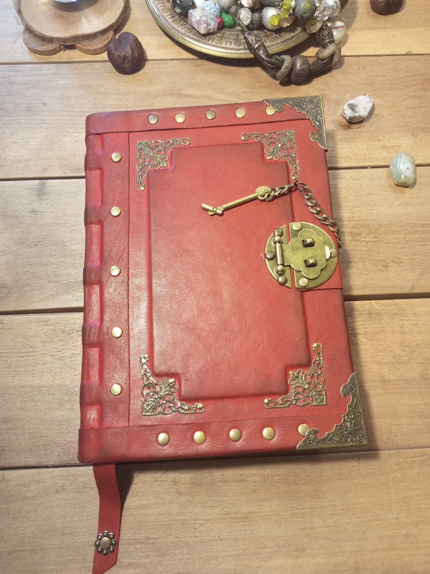 Red Aged Leather Journal with Antique Lock – Vintage Gothic Notebook Medieval Book of Shadows