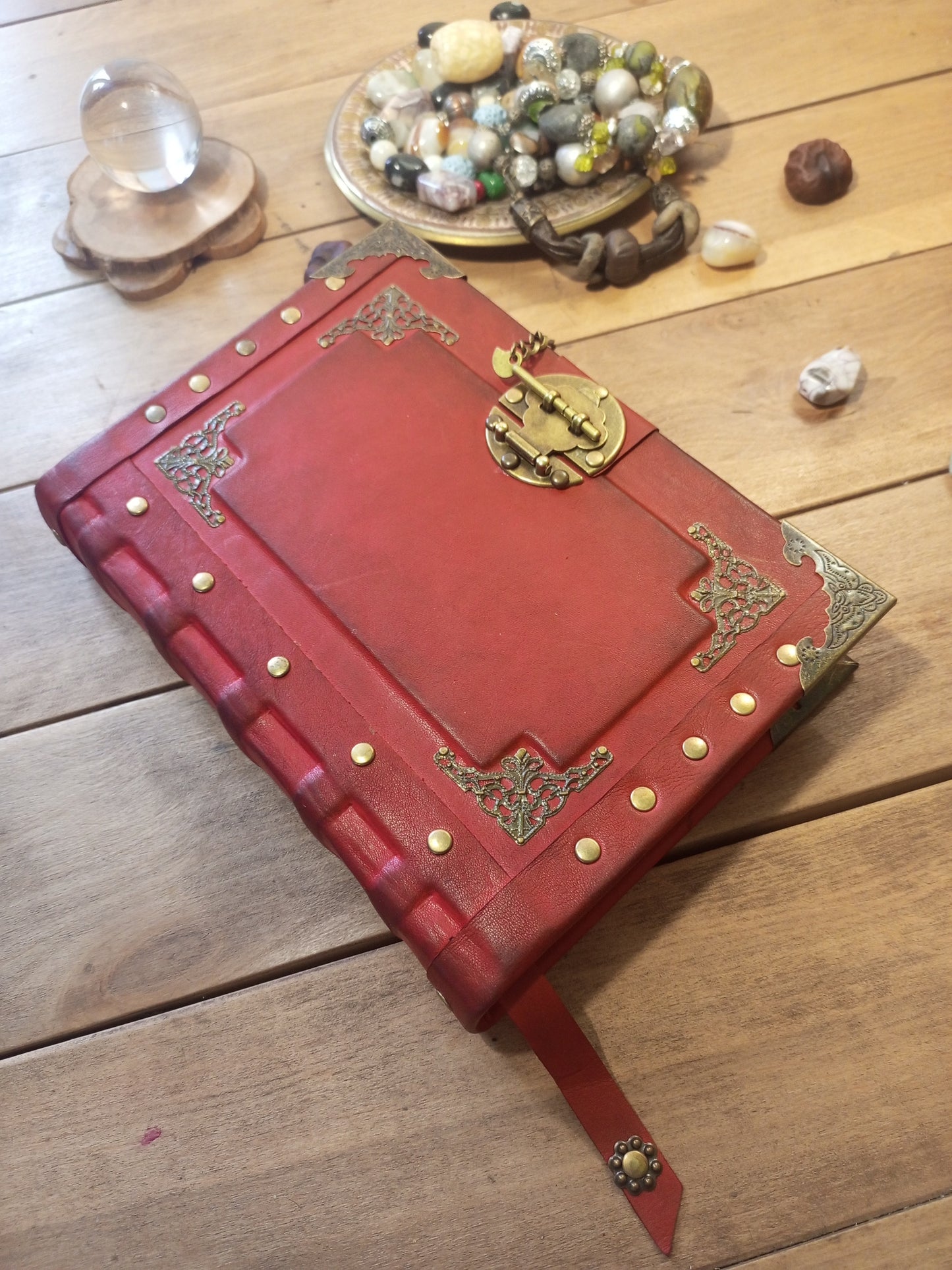 Red Aged Leather Journal with Antique Lock – Vintage Gothic Notebook Medieval Book of Shadows